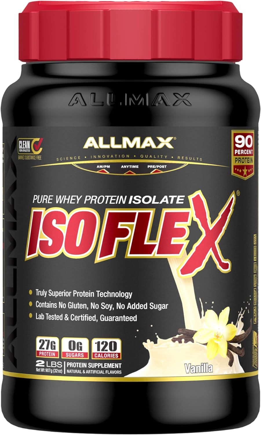 ALLMAX ISOFLEX Whey Protein Isolate, Vanilla - 2 lb - 27 Grams of Protein Per Scoop - Zero Fat & Sugar - 99% Lactose Free - Gluten Free & Soy Free - Approx. 30 Servings