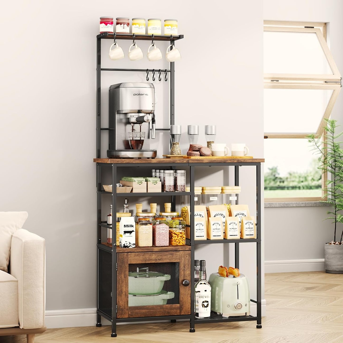 SWTYMIKI Bakers Rack with Storage - Coffee Bar Cabinet Organizer with 8 Hooks, Shelves & Cabinet Door, Coffee Station for Kitchen Dining Room, Microwave Stand with Adjustable Feet, Espresso