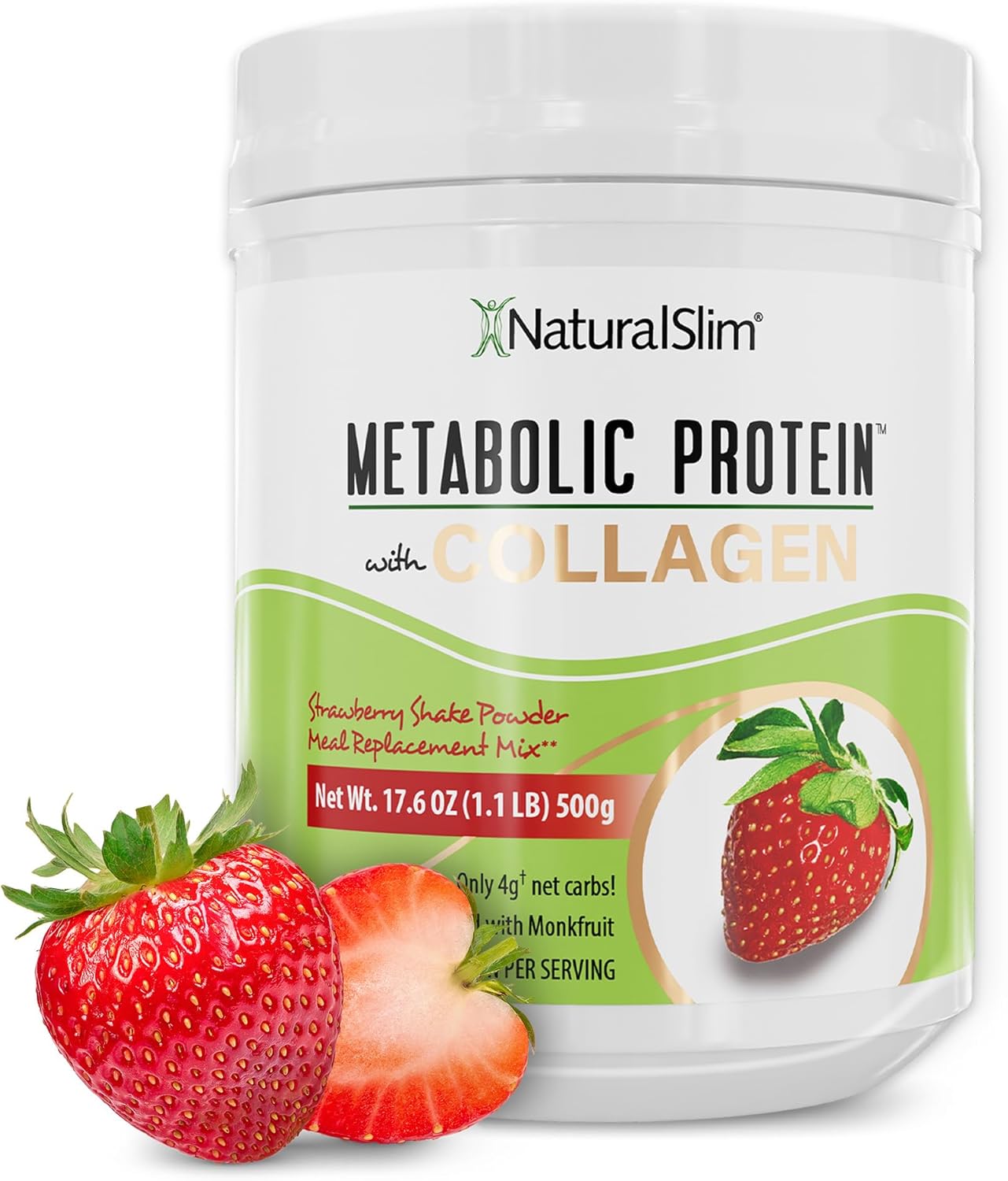NaturalSlim Metabolic Protein Powder with Collagen Strawberry - Hydrolyzed Collagen Protein Powder for Hair, Skin, Bone, and Joint - Low Carb Meal Replacement Shake Mix - 17.6 oz