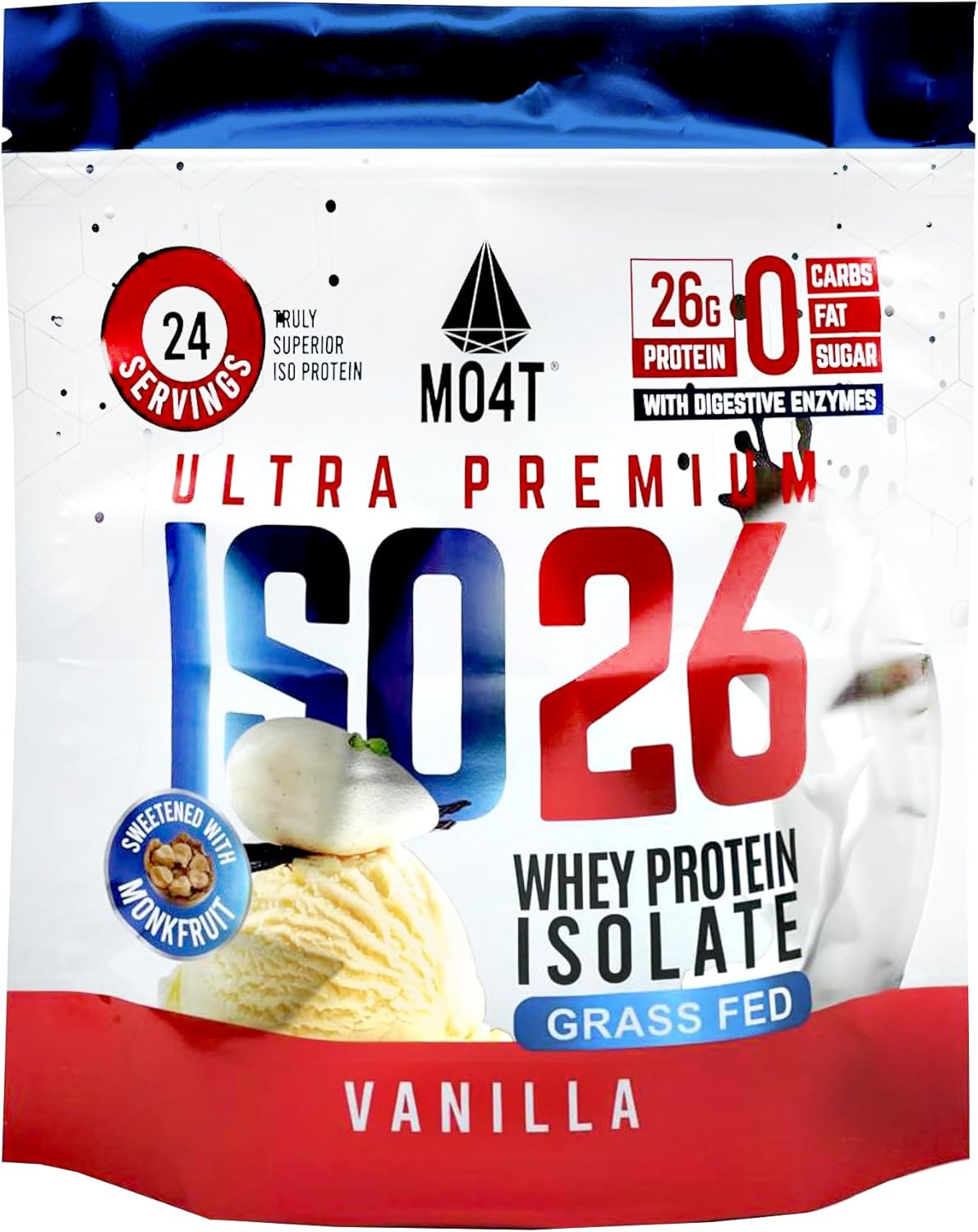 MOMOF4TRANSFORM ISO26 Grass Fed Whey Protein Isolate with no Artificial sweeteners. Naturally Sweetened with Monk Fruit, 1.6 Pounds, 24 Servings, Milk Chocolate (Iso 26 Pouch Vanilla)