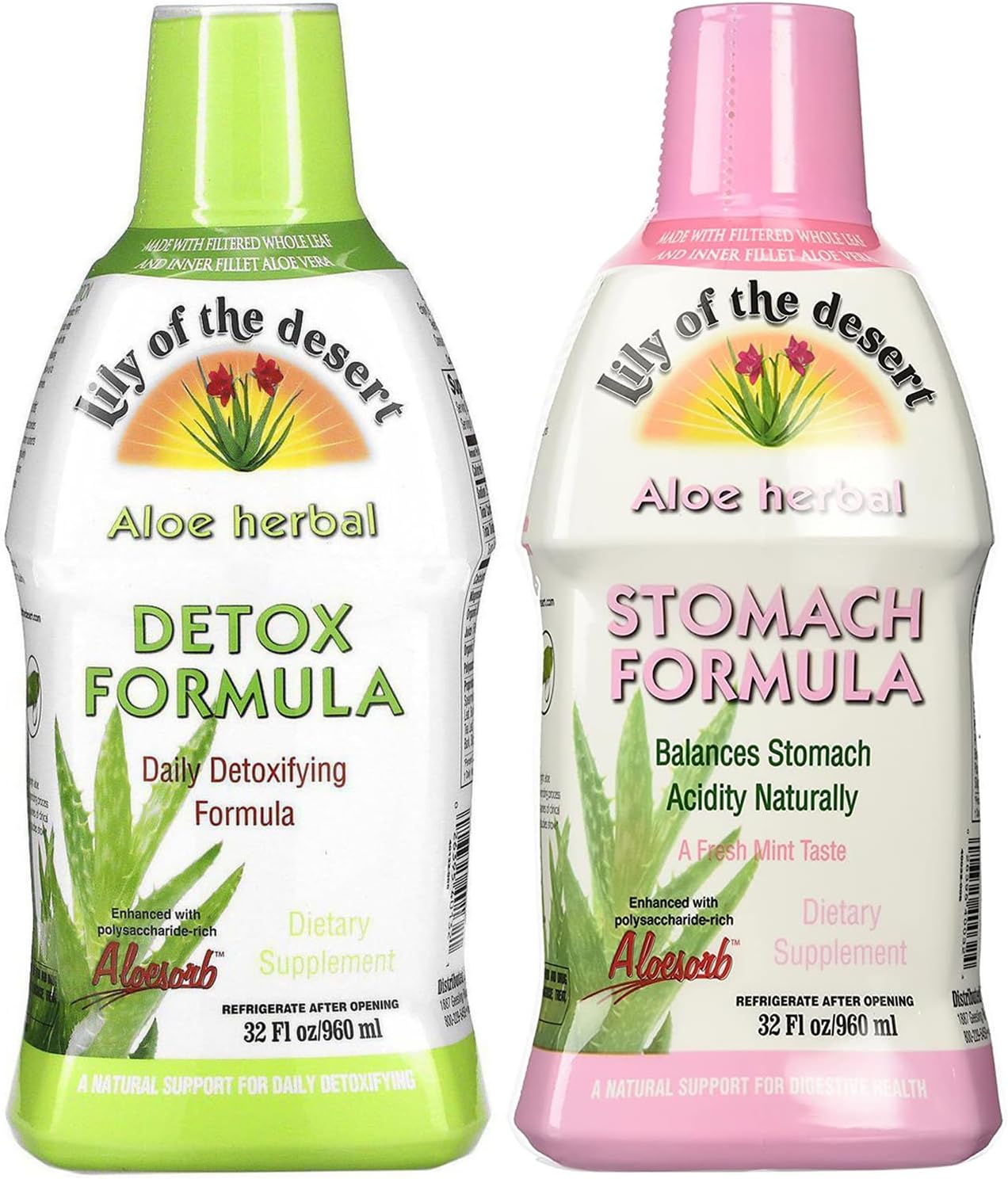 Lily Of The Desert Stomach Formula & Detox Formula Variety 2-Pack \u2013 Aloe Vera and\u202FHerbs for Gut Health, Liver Detox, Heartburn Relief, 32 Fl Oz Ea