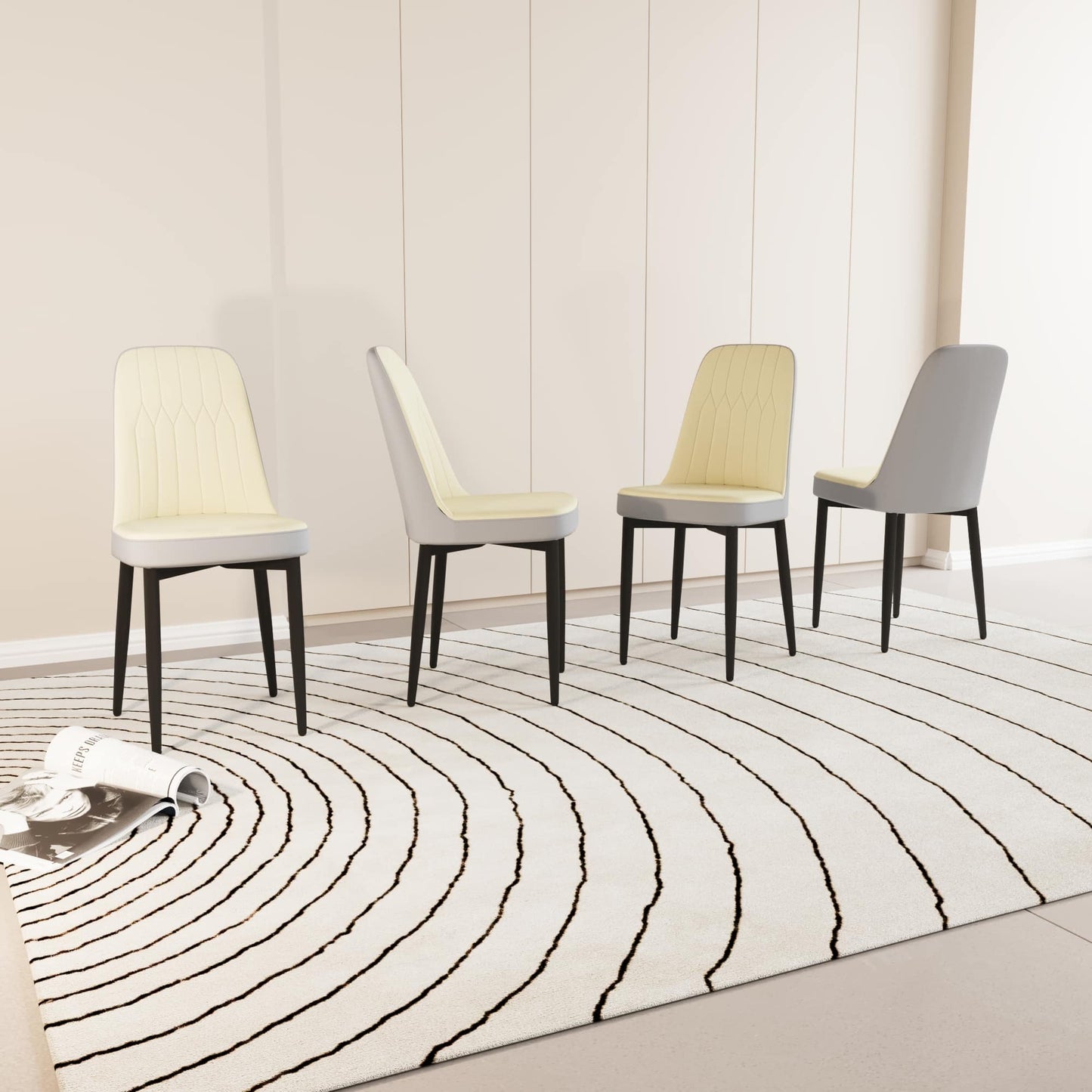 Vynxaria Set of 4 Beige and Gray Dining Chairs with Black Metal Legs