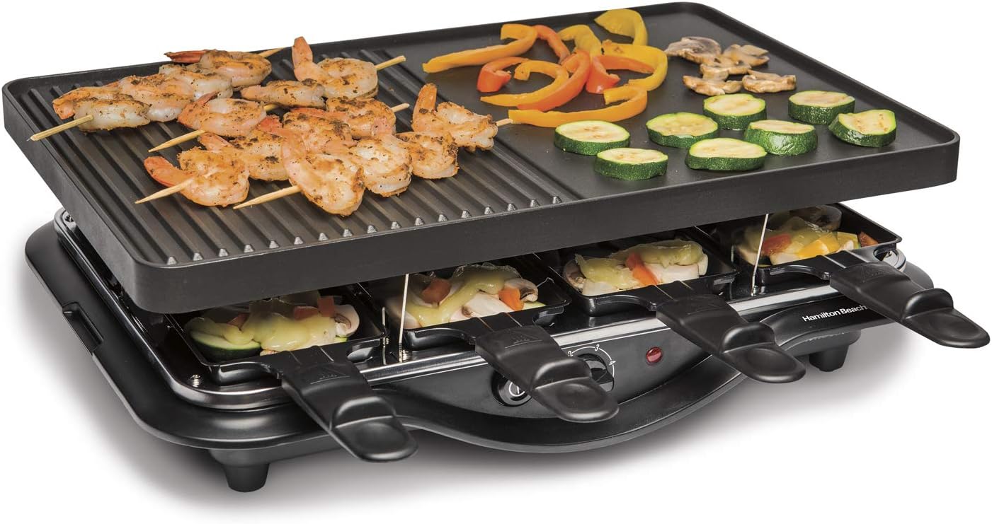 Hamilton Beach Electric Indoor Raclette Table Grill, 200 sq. in. PFAS-Free Nonstick Griddle Serves up to 8 People for Parties and Family Fun, Includes 8 Warming Trays, Black (31612MN-MX)