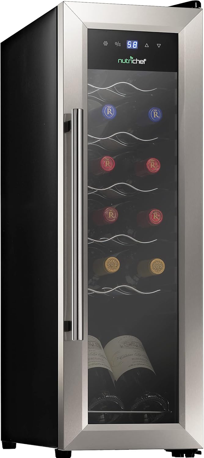 Nutrichef 12 Bottle Stainless Steel Slim Wine Fridge | Red & White Wine Chiller | Adjustable Temperature Control, Ultra Quiet Operation & Energy Efficient | Mini Wine Cooler Refrigerator | 31x10x17 IN