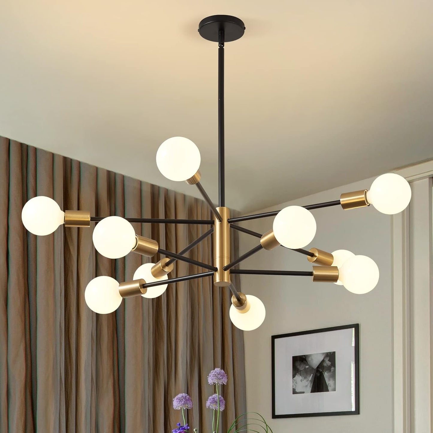 KAISITE Modern Chandelier Dining Room Light Fixture Over Table 10-Light Sputnik Chandelier Ceiling Light Fixture Height Adjustable Black and Gold Mid Century Pendant Lighting for Kitchen Living Room