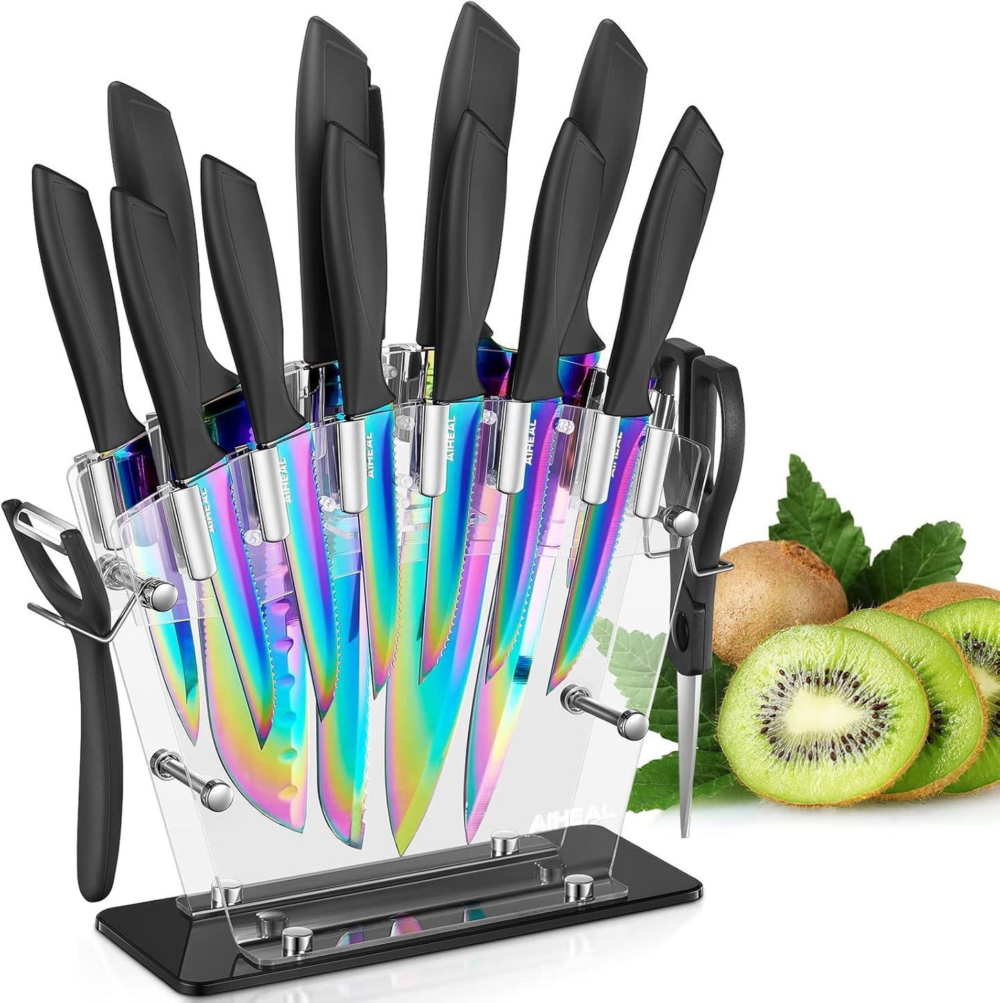 Aiheal Knife Set, 16 Pieces High Carbon Stainless Steel Rainbow Color Kitchen Knife Set, Titanium Coating Blade, No Rust and Super Sharp Cutlerywith Acrylic Stand and Kitchen Scissors, Gift