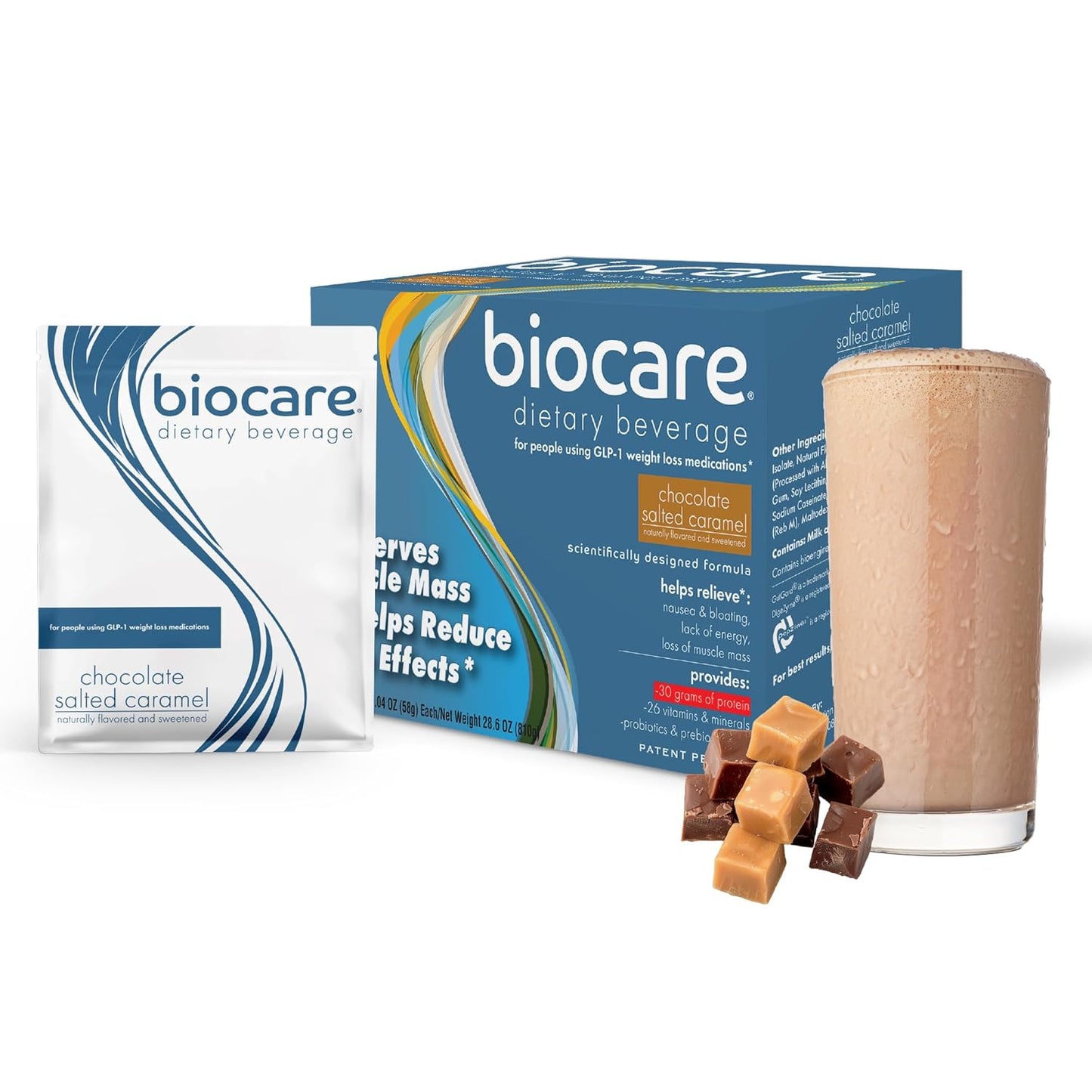 Biocare Nutritional Beverage for GLP-1 Users, Dietary Powder Drink Provides 30 g Essential Protein, 26 Vitamins/Minerals, Helps Ease Nausea, Bloating, Constipation, Choc Salted Caramel Shake 14ct