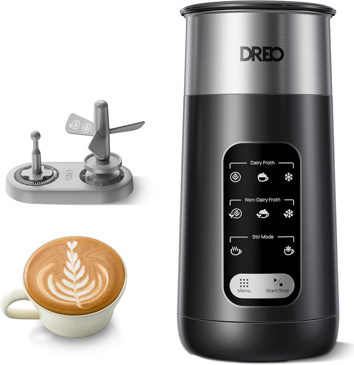 Dreo Milk Frother, 8-in-1 Electric Frother for Latte Art Coffee, 9oz\/270ml Warm and Cold Foam Automatic Frothers for Dairy and Non-Dairy Milk, LED, Easy to Clean, BaristaMaker Air
