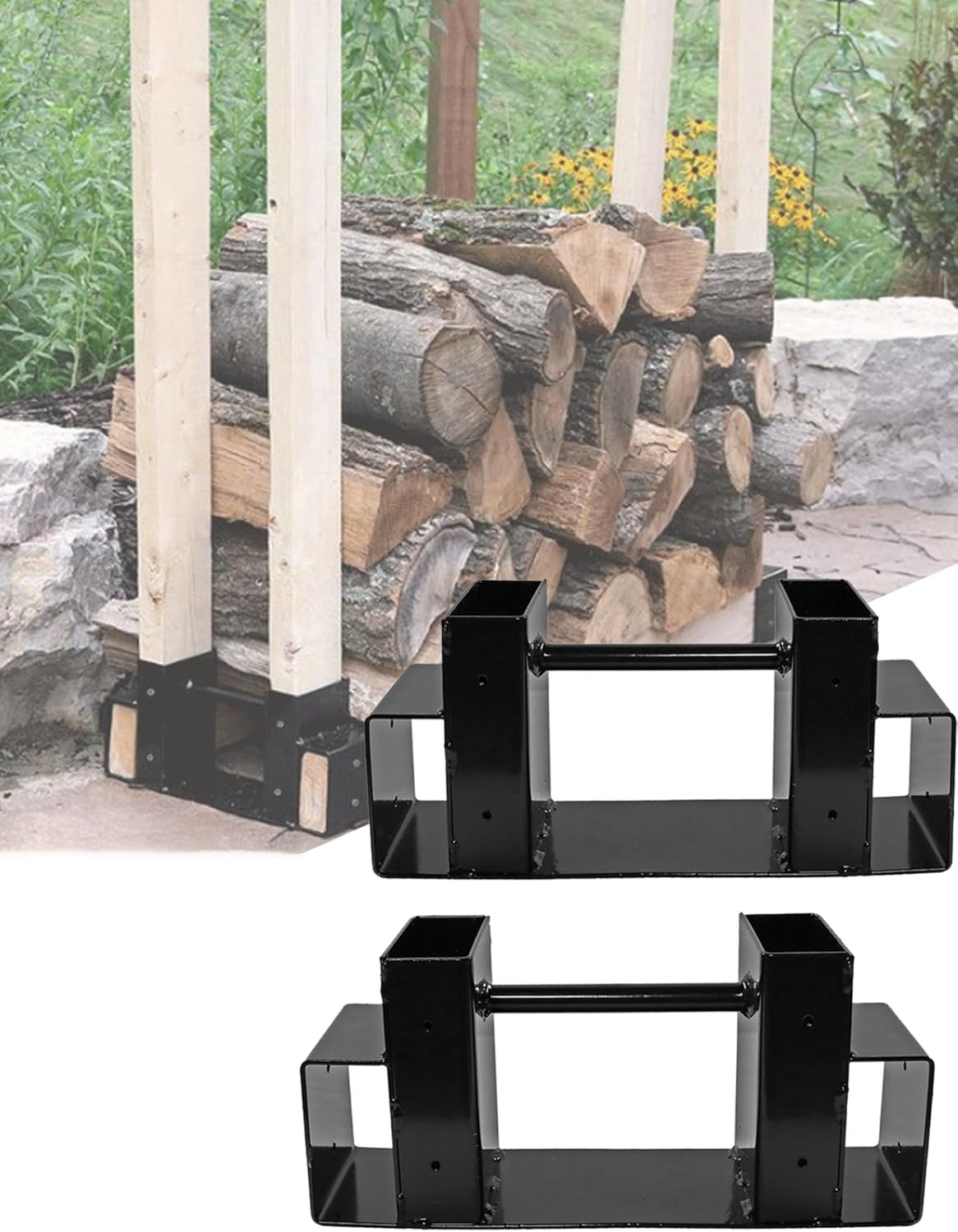 Firewood Log Rack Bracket Kit,2 Pieces Fire-Wood Racks Outdoor,Firewood Holder Lumber Storage Rack, Adjustable to Any Length
