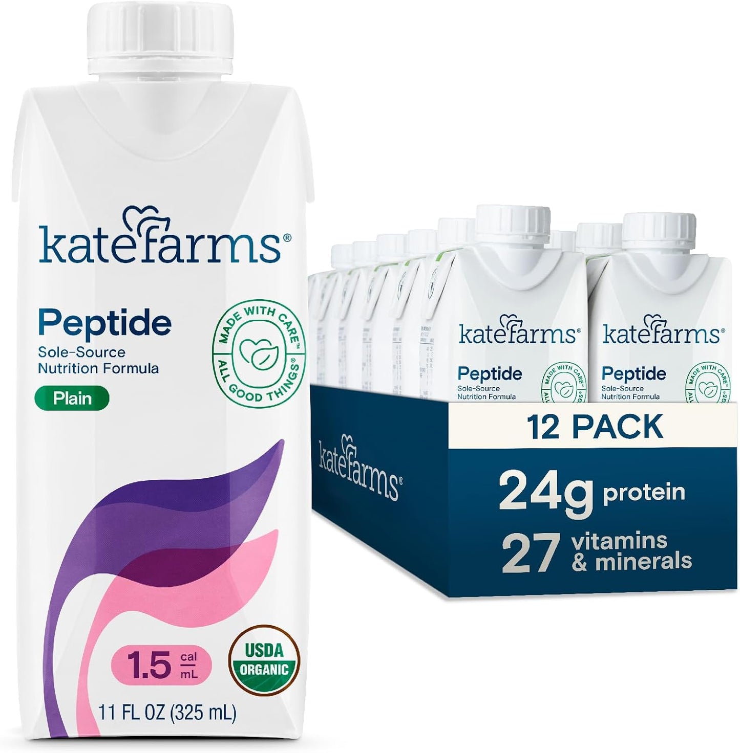KATE FARMS Organic Adult Peptide 1.5 Formula, Plain, Sole-Source, Hydrolyzed Plant-Based Nutrition for Oral or Tube Feeding, 11 Fl oz (12 Pack)