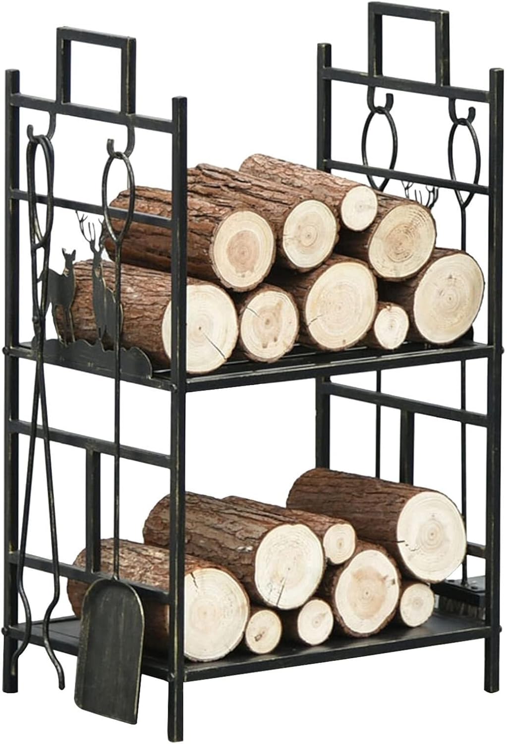 Firewood Log Rack with Fireplace Tool Set, Steel Log Storage Rack for Indoor and Outdoor Fire Pit