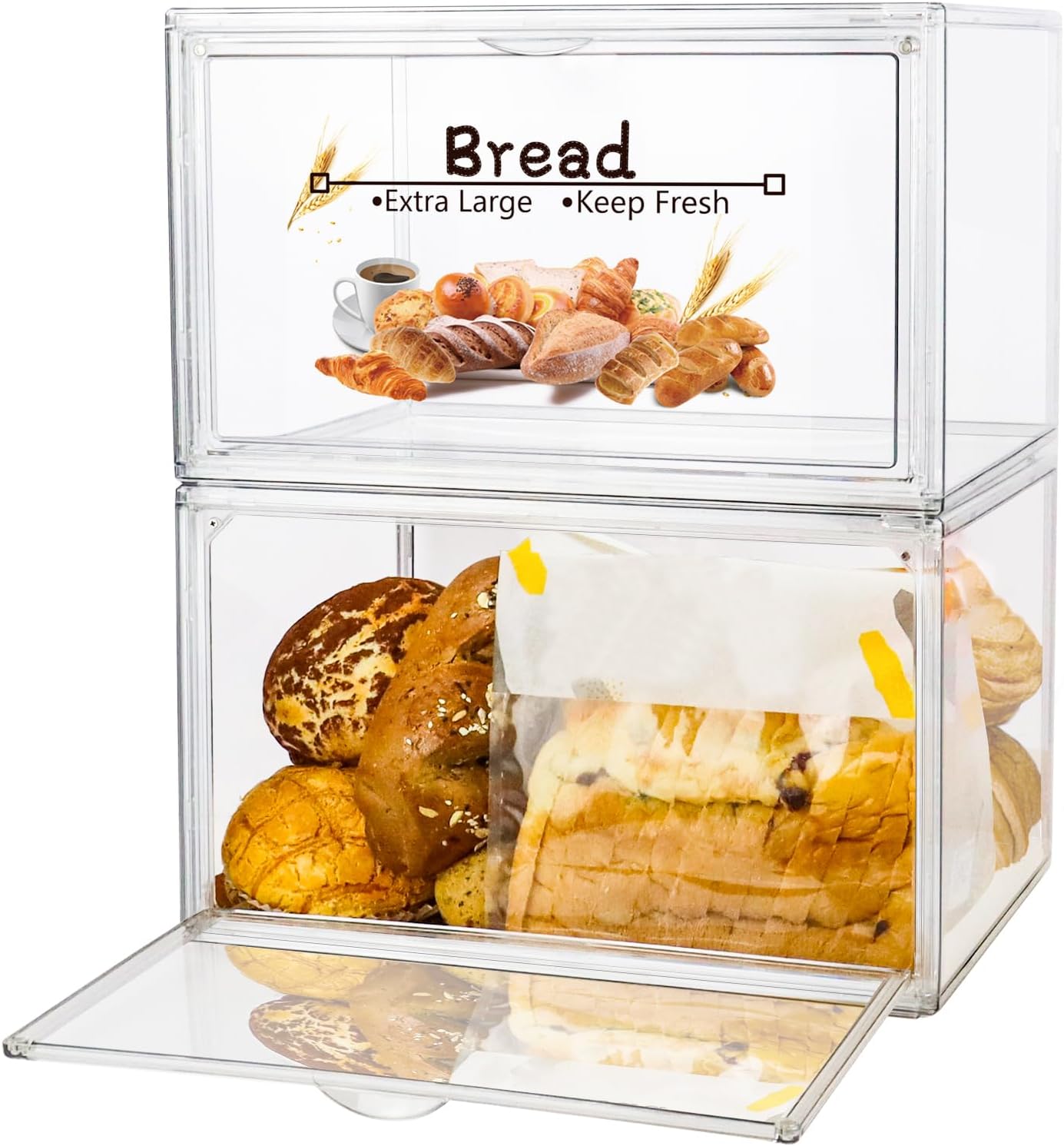 RISICULIS 2PCS Large Bread Box for Countertop, Stackable Double Layer Storage Container, Clear Boxes for Kitchen Counter, Bread Keeper for Homemade Bagel, Muffins, Rolls
