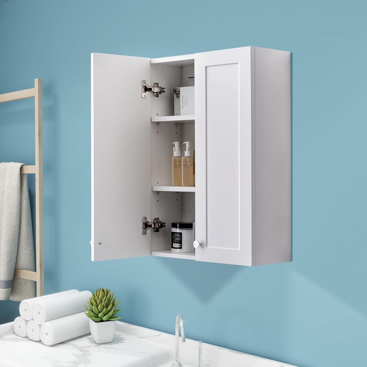 VANIRROR White Wall Mount Cabinet, MDF Over The Toilet Storage Cabinet with Adjustable Shelves, Space Saver 2 Door Medicine Cabinet for Bathroom Laundry Kitchen, 19x 27in, No Paint Odor