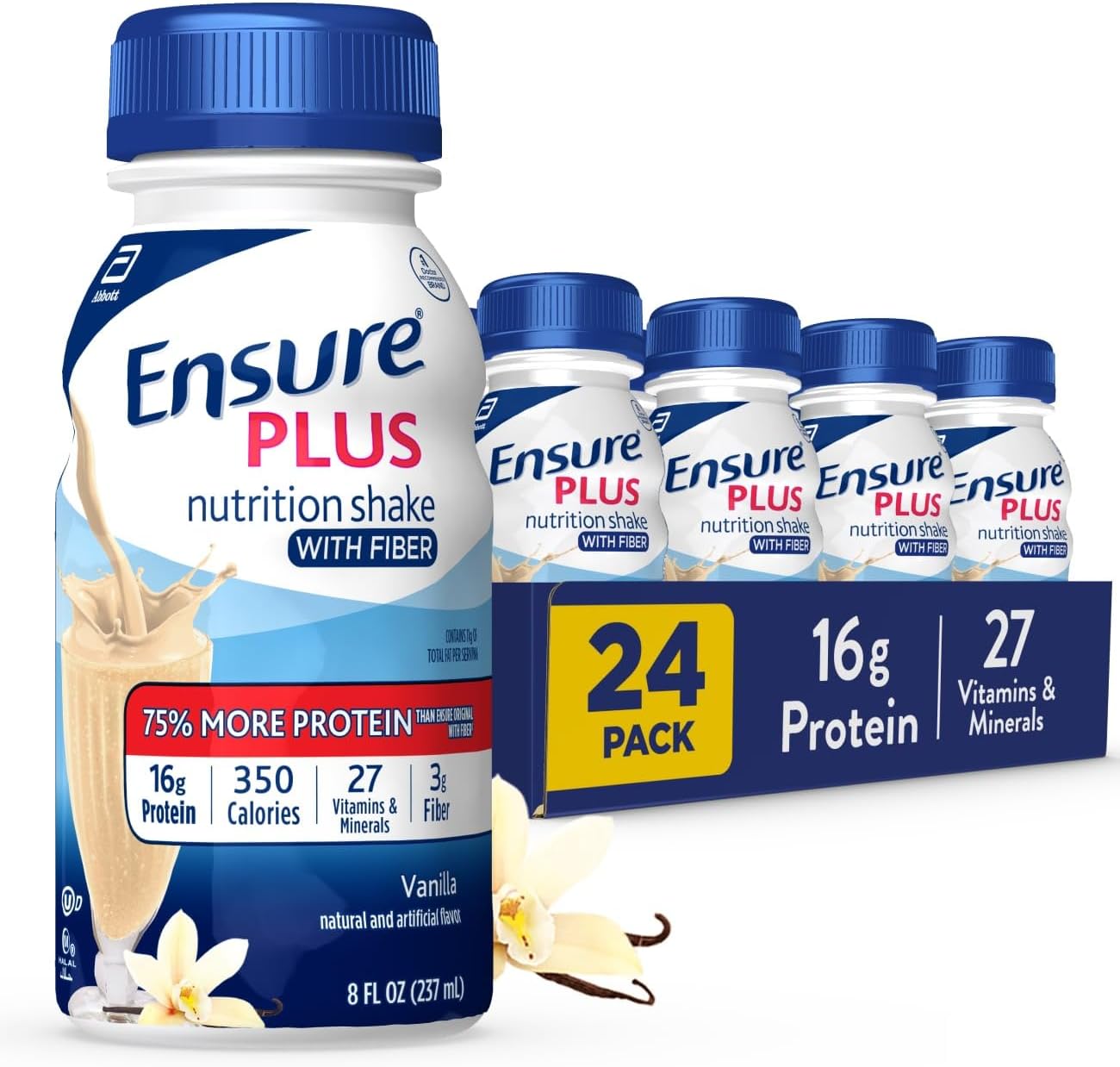 Ensure Plus Vanilla Nutrition Shake With Fiber | Meal Replacement Shake | Ready to Drink | 16g Protein and 27 Vitamins and Minerals | 8 fl oz - 24 Pack