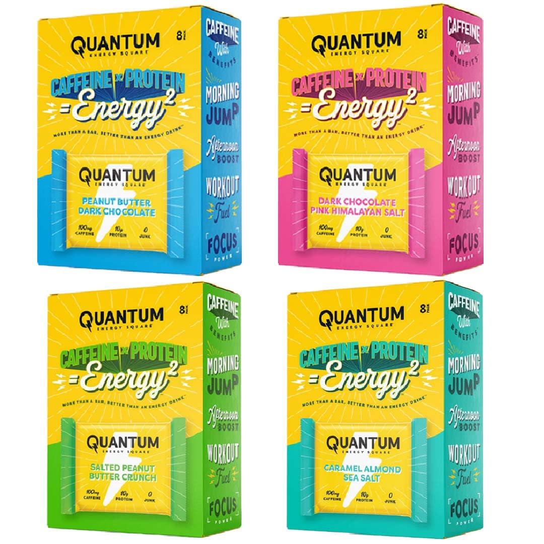 Quantum Energy Square: Energy Bar with Caffeine & 10g Protein. Delicious Healthy Snack On The Go. (Vegan, Gluten-free, Soy-free, Dairy-free) (Variety Mega Pack)