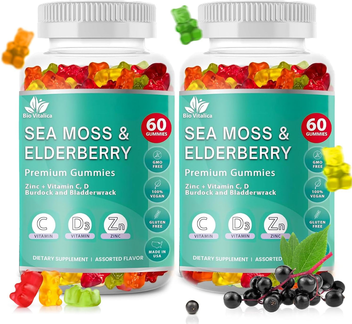BIO VITALICA Sea Moss Gummies Elderberry BioVitalica - Vitamin C D + Zinc - Irish Seamoss Vegan Gummy with Sea Moss Gel & Powder for Immunity, Detox - for Adults and Kids (2Packs)