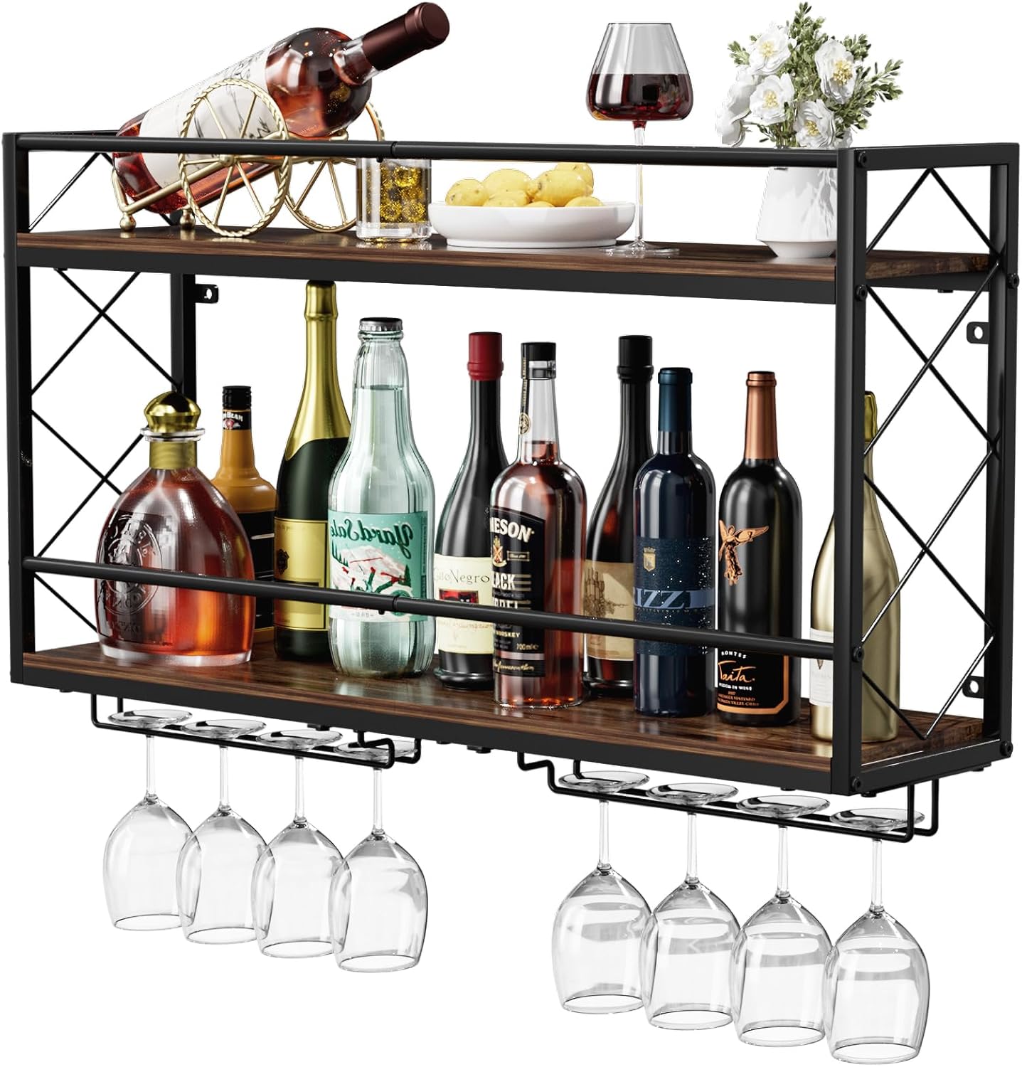 Wine Rack Wall Mounted 2 Tier Wall Wine Rack with Glass Holder, Double Layer Anti-Drop Crossbar, 31.5" Metal Wood Wall Mount Wine Holder for Home Kitchen Dining Room Coffee Shop Bar, Black