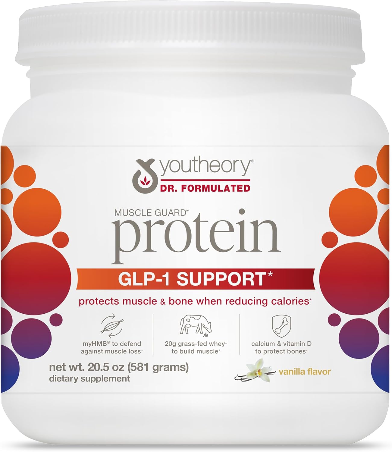 Youtheory Muscle Guard Protein GLP-1 Support - Whey Protein Powder Supplement - for GLP-1 Users - Supports Muscle & Bone - with myHMB, Calcium & Vitamin D - 20.5 oz Powder