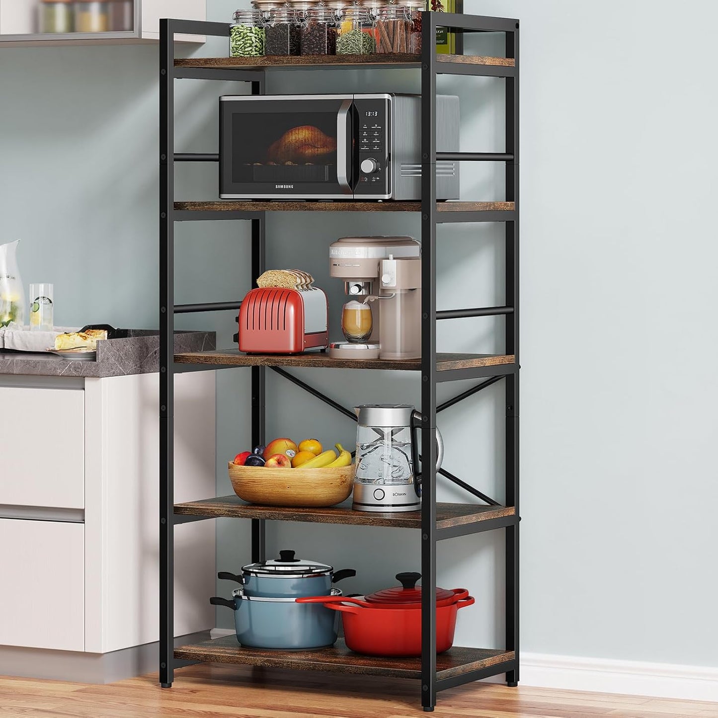 Denkee 5-Tier Bakers Rack for Kitchen with Storage, Industrial Microwave Stand Shelf, Coffee Bar for Small Spaces, Free Standing Kitchen Storage Shelf Rack, 23.62" L x 15.75" W x 60.24" H