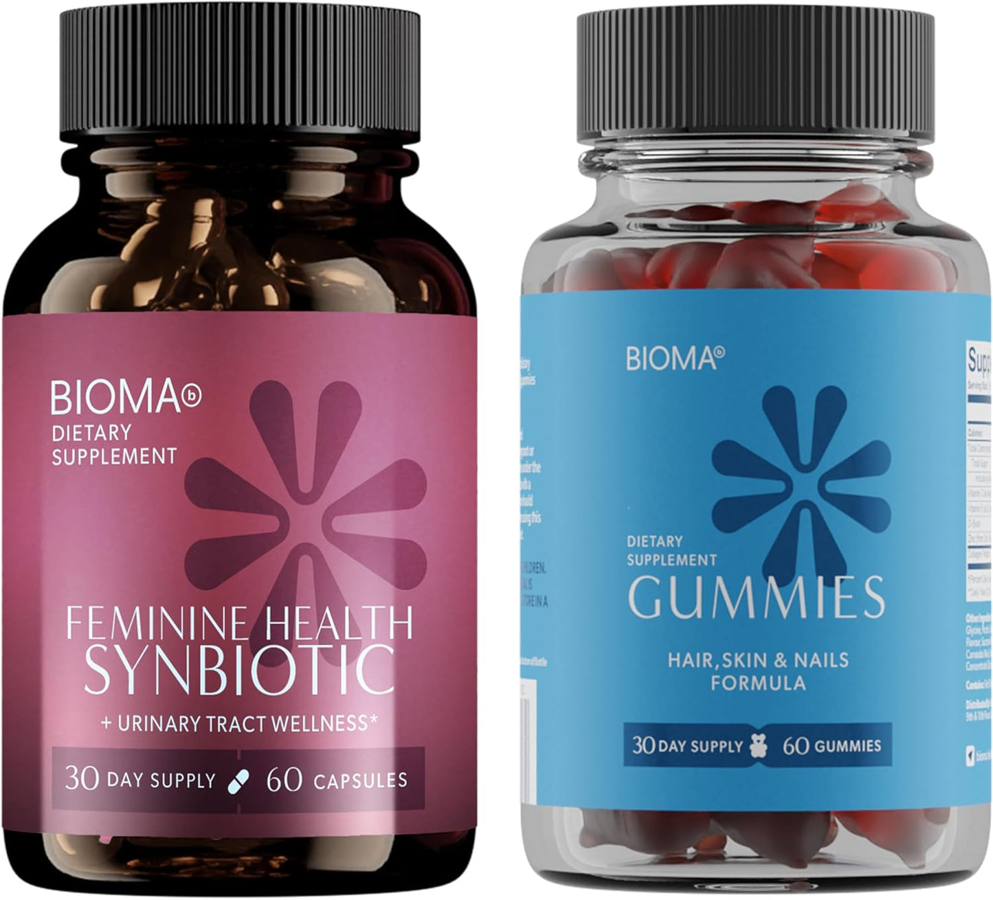 BIOMA Feminine Health Synbiotic (60 Caps) & Beauty (60 Gummies) - Women's Health Supplement for Digestive Support & Urinary Tract - Hair, Skin & Nail Supplement