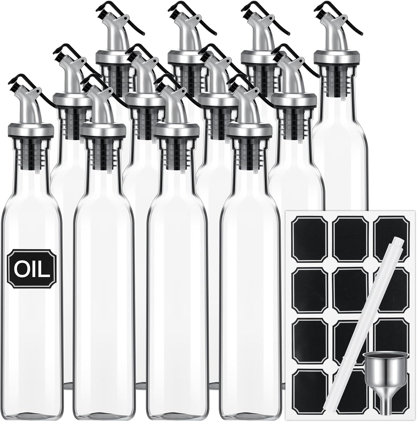 Hushee 15 Pcs Clear Glass Olive Oil Dispenser Bottles Sets Include 8oz Glass Bottle with Spout Oil Vinegar Cruet Container for Kitchen Stainless Steel Funnel Black Labels with White Pen