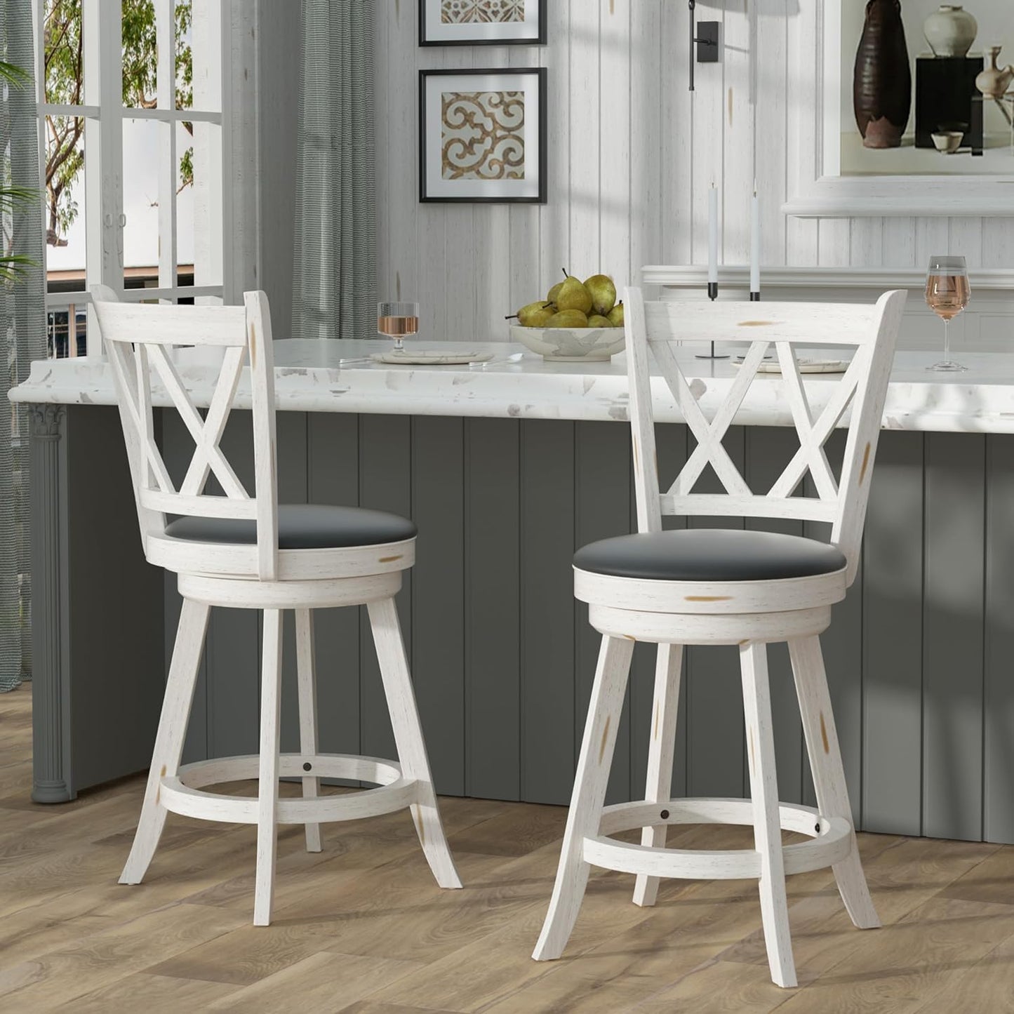 Betterhood 24" Counter Height Swivel Bar Stools - High Back Swivel Counter Stools with Upholstered Seat & Solid Wood Footrest, Counter Bar Chairs for Kitchen Island & Pub (Antique White, Set of 2)