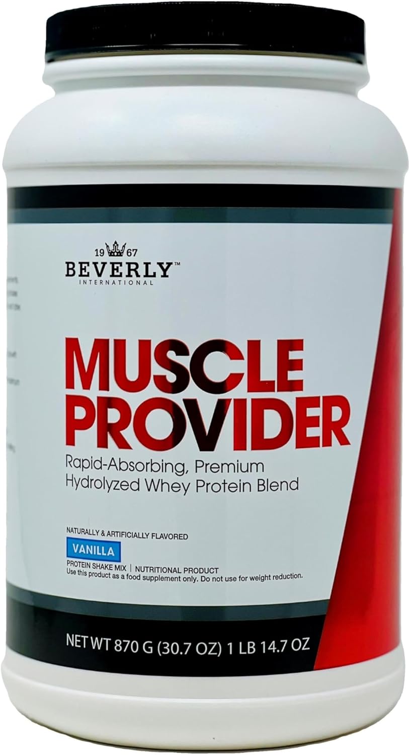 Beverly International Muscle Provider, 30 Servings, Vanilla. Super-Fast-Absorbing Whey Protein Powder for Recovery, Lean Muscle. Fills Your Muscles, not Your Stomach. Tastes Like Ice Cream