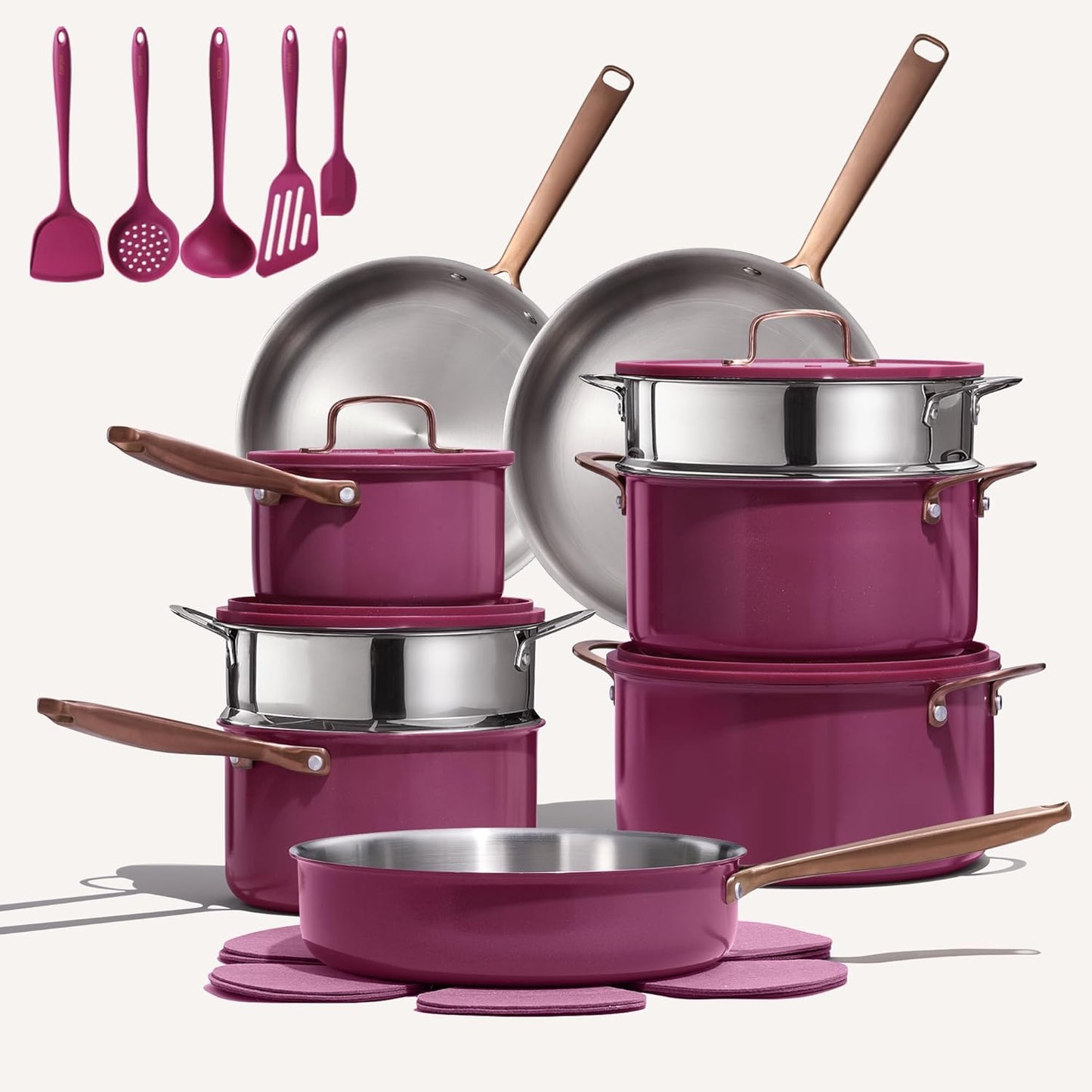 CAROTE 24pcs Tri-Ply Stainless Steel Cookware Set, Pots and Pans Set, Non Toxic Induction Kitchen Cooking Sets, Cookware Collection, Outer Ceramic Layer, Violet Purple