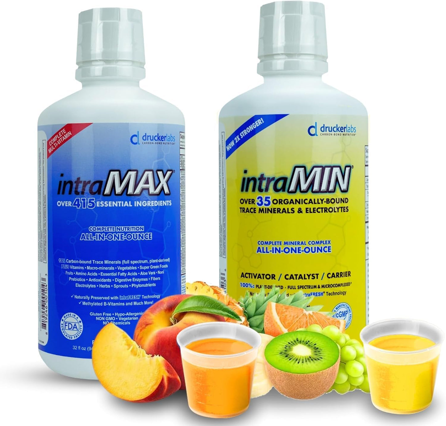 Drucker Labs intraMAX® (Peach Mango) & intraMIN® (Tropical Fruit): All-in-ONE Multivitamin & Mineral Complex (Immune Support, Non-GMO, Dairy-Free, Gluten-Free, Vegetarian, 32 fl oz Each)