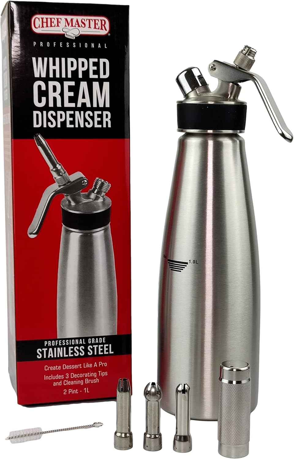 Chef Master (2 Pint \/ 1 Liter) Stainless Steel Whipped Cream Dispenser - Decorating Tips for Desserts, Latte + Cleaning Brush - Whip Cream Dispenser Canister for Home, Bakery or Restaurant - 90079