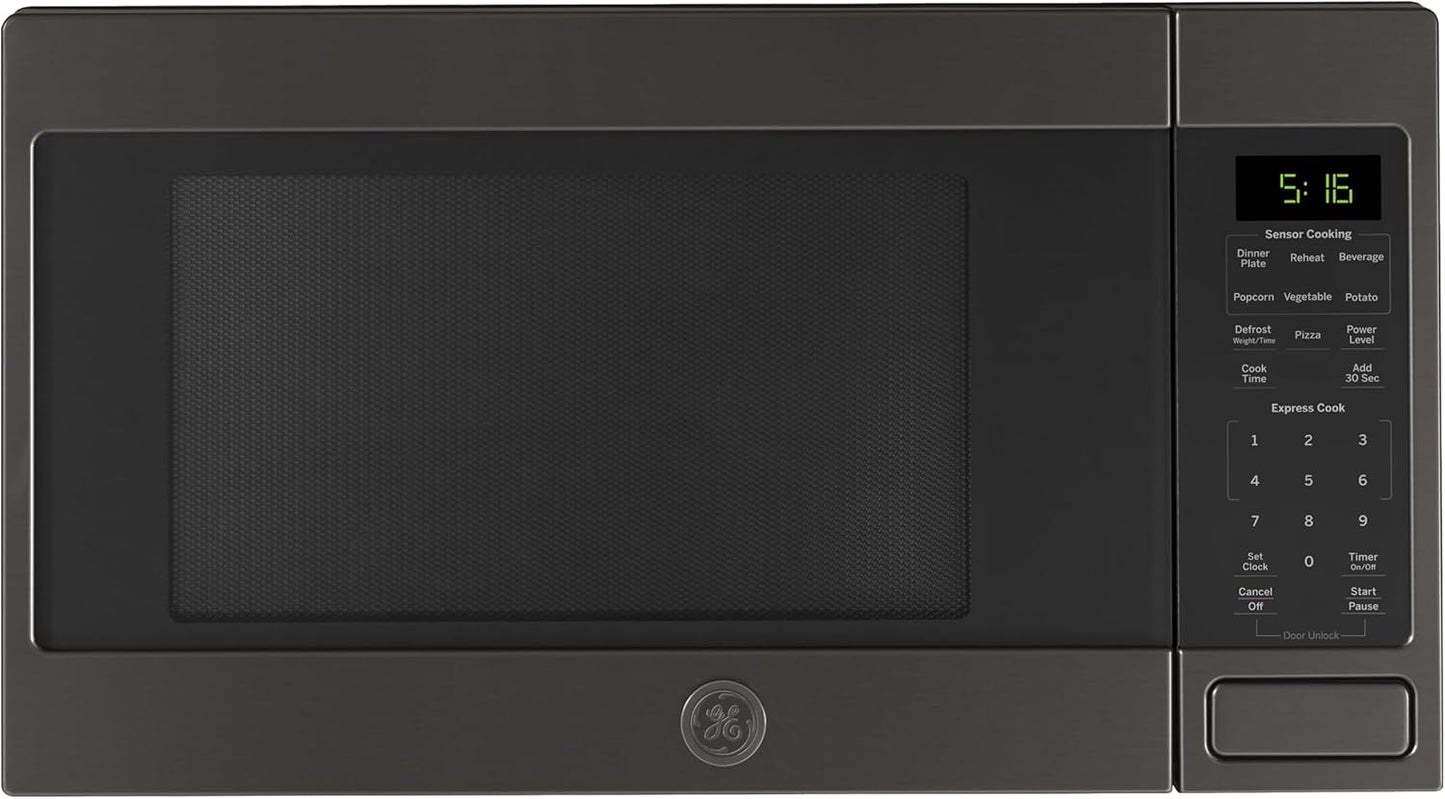 GE GCST16S1WTS Microwave Oven, 1,150-watt 8 Auto Cooking Settings, Child-Lock Technology, Kitchen Essentials for The Countertop, Dorm Room or Apartment, 1.6 Cu. Ft, Black Stainless
