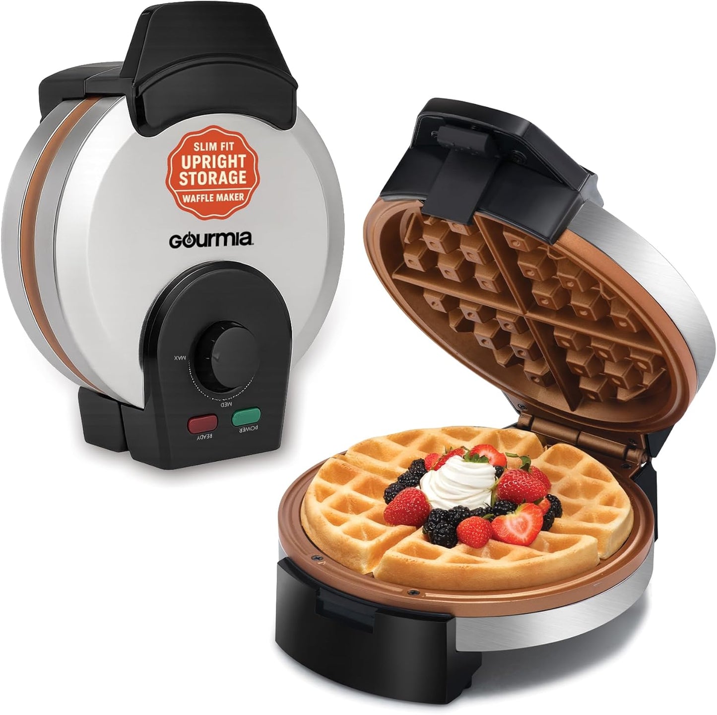 Gourmia Belgian Waffle Maker – Adjustable Browning Control, Nonstick Plates, Ready & Power Indicator Lights, Compact Upright Storage, Cool-Touch Handle