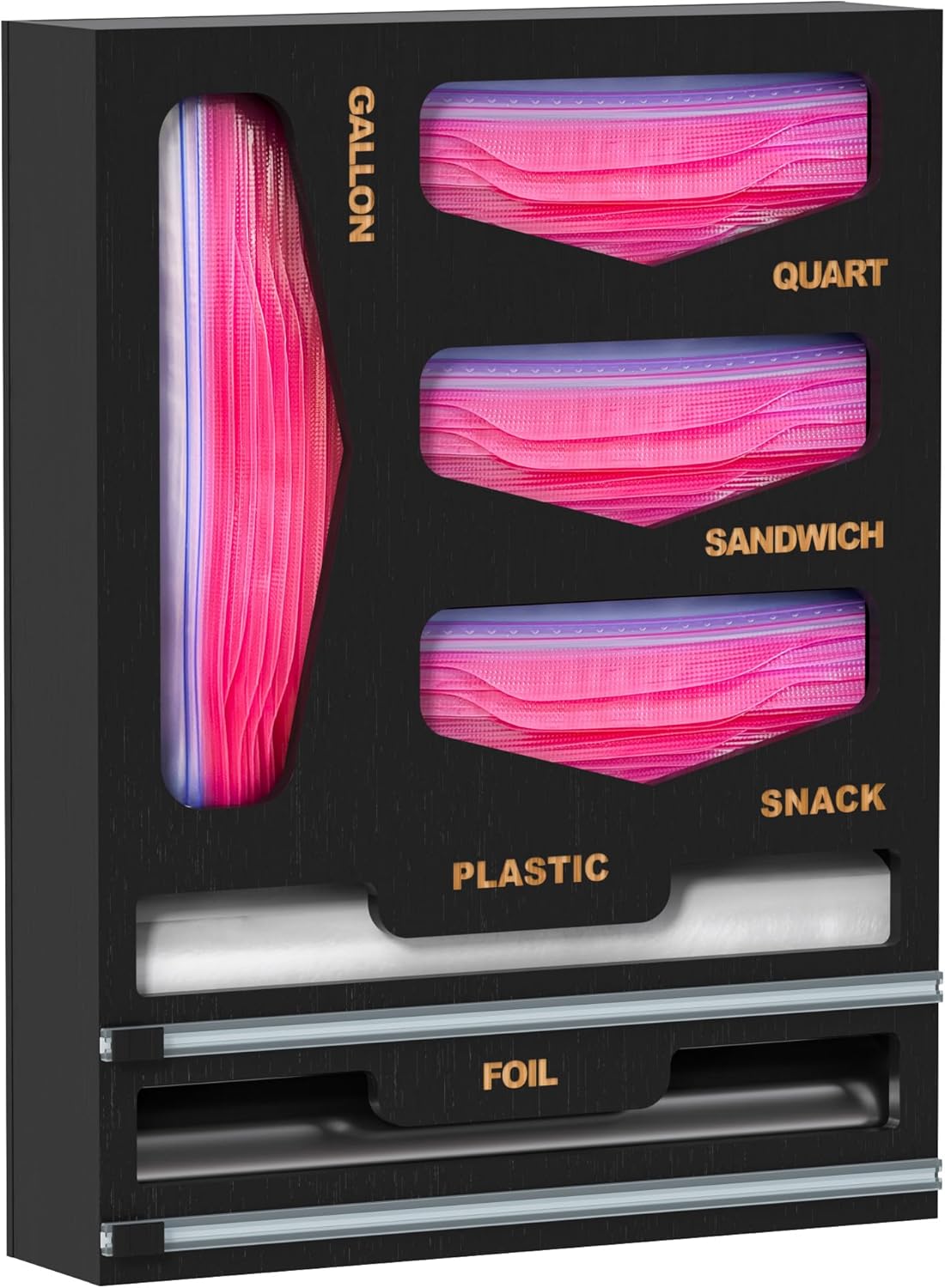 DALSHABET Bamboo Bag Organizer with Magnetic Closure, 6 In 1 Kitchen Drawer Foil and Plastic Wrap Dispenser with Cutter, Storage bag for Gallon, Quart, Sandwich, Snack Black