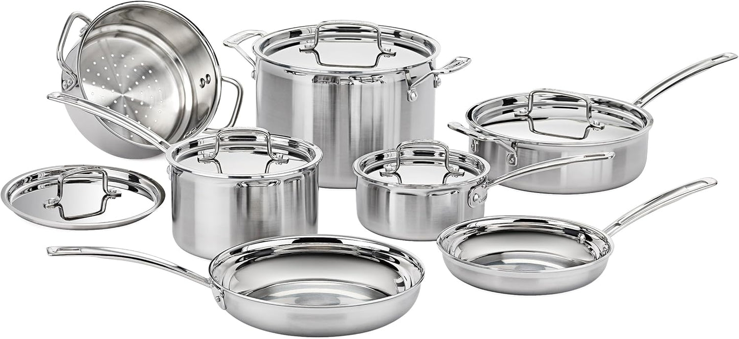Cuisinart 12-Piece Cookware Set, MultiClad Pro Triple Ply Stainless Steel Cookware Set, Heat Surround Technology, Cool Grip Stick Handles, Oven Safe Up to 500°F, MCP-12N, Silver