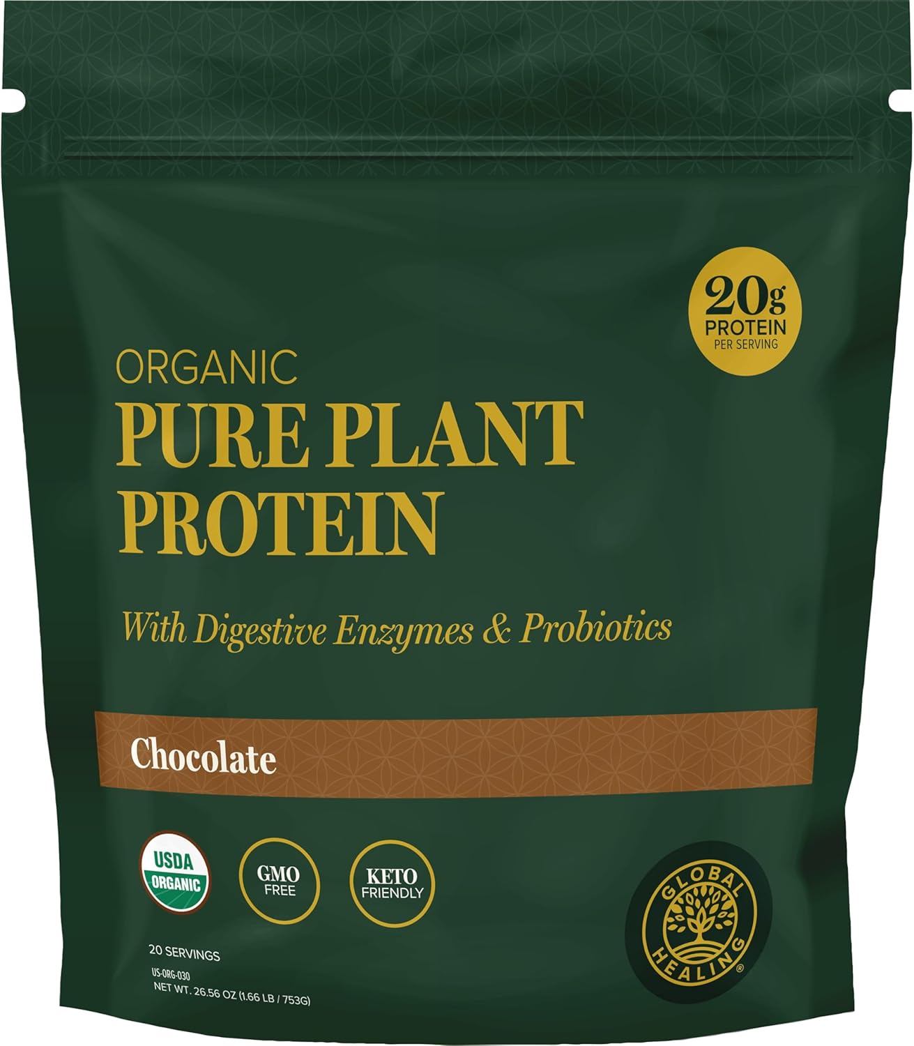 Global Healing Organic Plant Chocolate Protein Powder for Men and Women 20g - Dairy Free Protein Powder with Digestive Enzymes & Probiotics to Support Gut Health (1.6 Lbs)