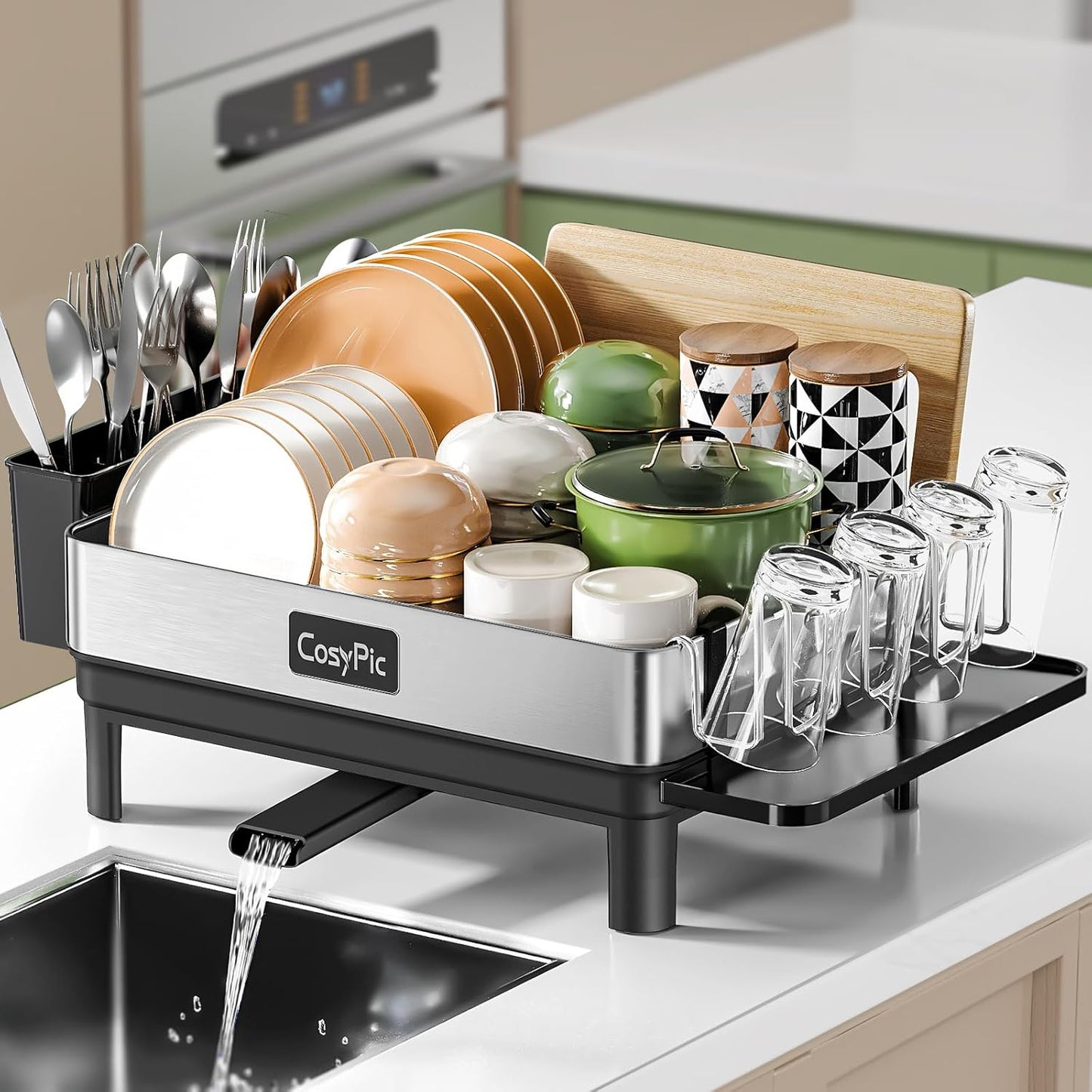 CosyPic Dish Racks, Thicker Premium 304 Stainless Steel Dish Drying Rack for Kitchen Counter, Automatic Drainage Spout, Dish Drainer & Drainboard Set with Utensil Holder and Cup Holder, Black