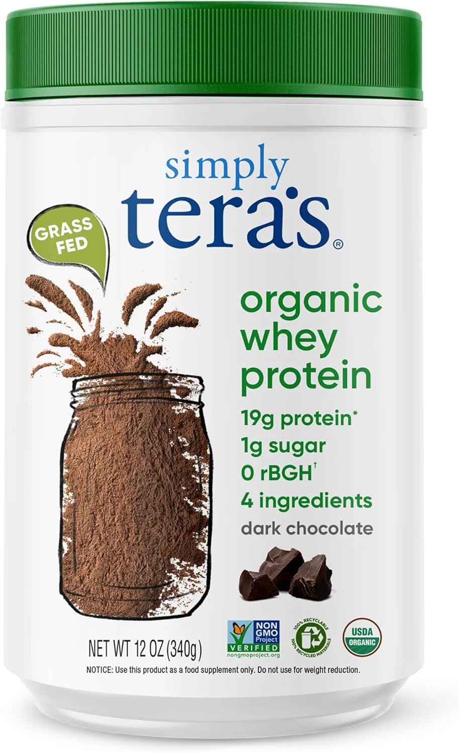 Simply tera's Organic Whey Protein Powder - Grass Fed Whey Protein Powder Without Artificial Sweeteners, Organic Whey Protein, Clean Protein Powder, Non-GMO, Gluten-Free - Dark Chocolate, 12 Oz