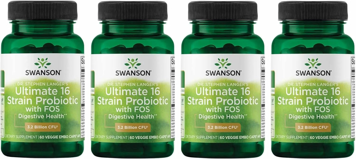 Swanson Dr. Stephen Langer's Formula - Natural Probiotic w\/Prebiotic FOS - 16-Strain Supplement Promoting Digestive Support w\/ 3.2 Billion CFU per Capsule - (60 Veggie Capsules) 4 Pack