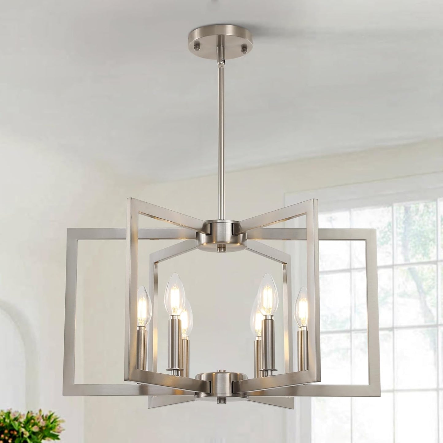 Sigaitwei 6-Light Modern Metal Geometric Chandelier,Kitchen Island Brushed Nickel Lighting Fixtures,Entryway Light Fixture Hanging Brushed Nickel,Farmhouse for Dining Room Chandelier