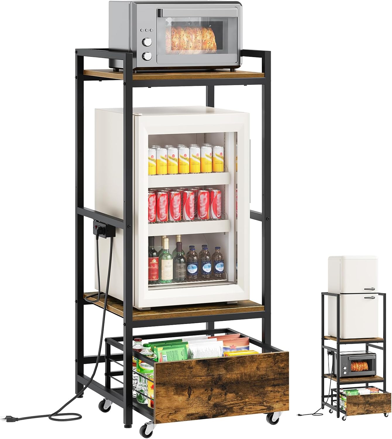 Mini Fridge Stand with Movable Drawer, Microwave Stand with Power Outlet, Mini Fridge Shelf with Adjustable Shelves, Kitchen Bakers Rack for Dorm, Dining Room, Home, Rustic Brown HB05UBR