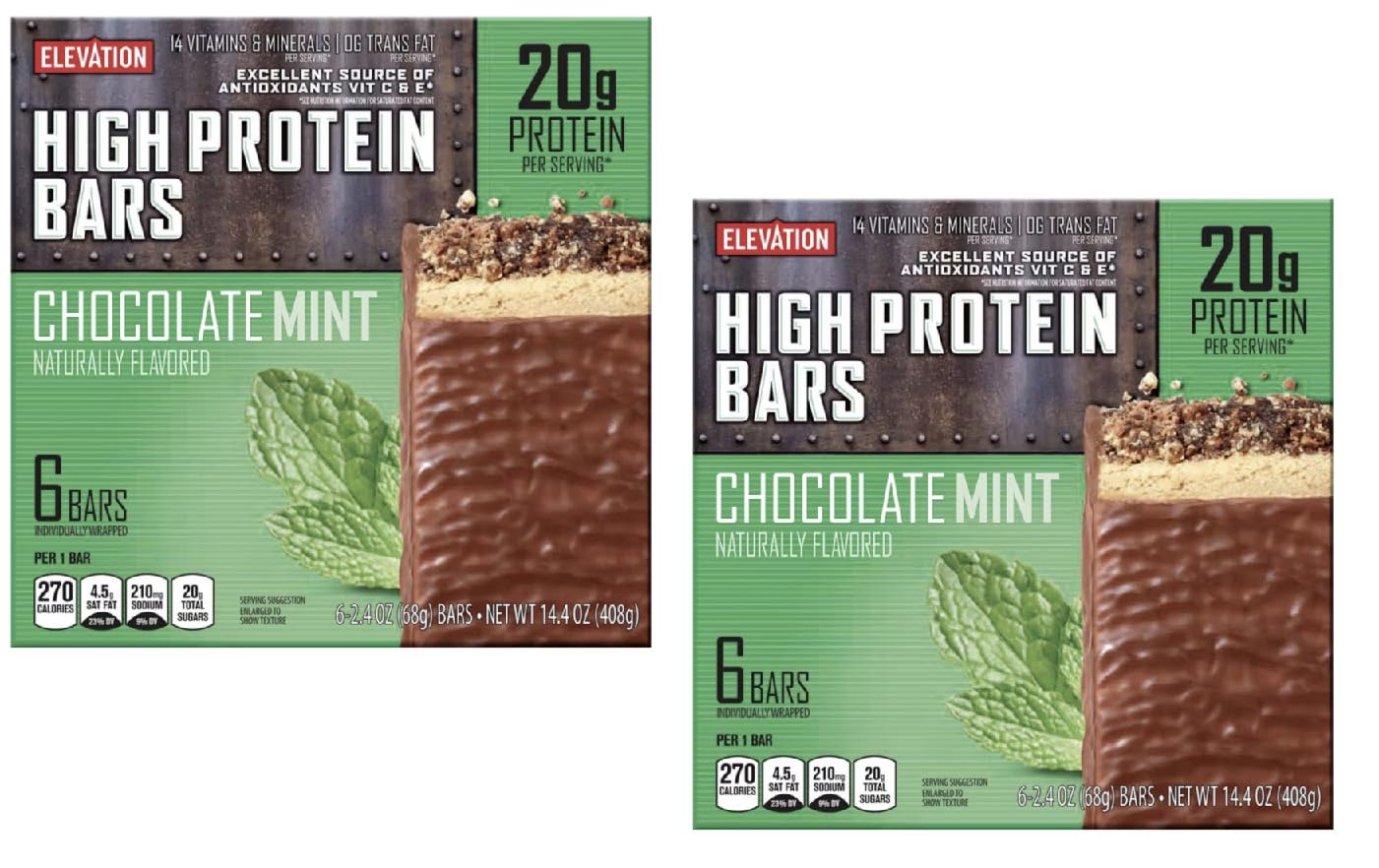 Generic 2-PACK ELEVATION Chocolate Mint High Protein Bars, 6 Bars Per Box, 12 Bars Total ά 20 GRAMS OF PROTEIN PER BAR ά