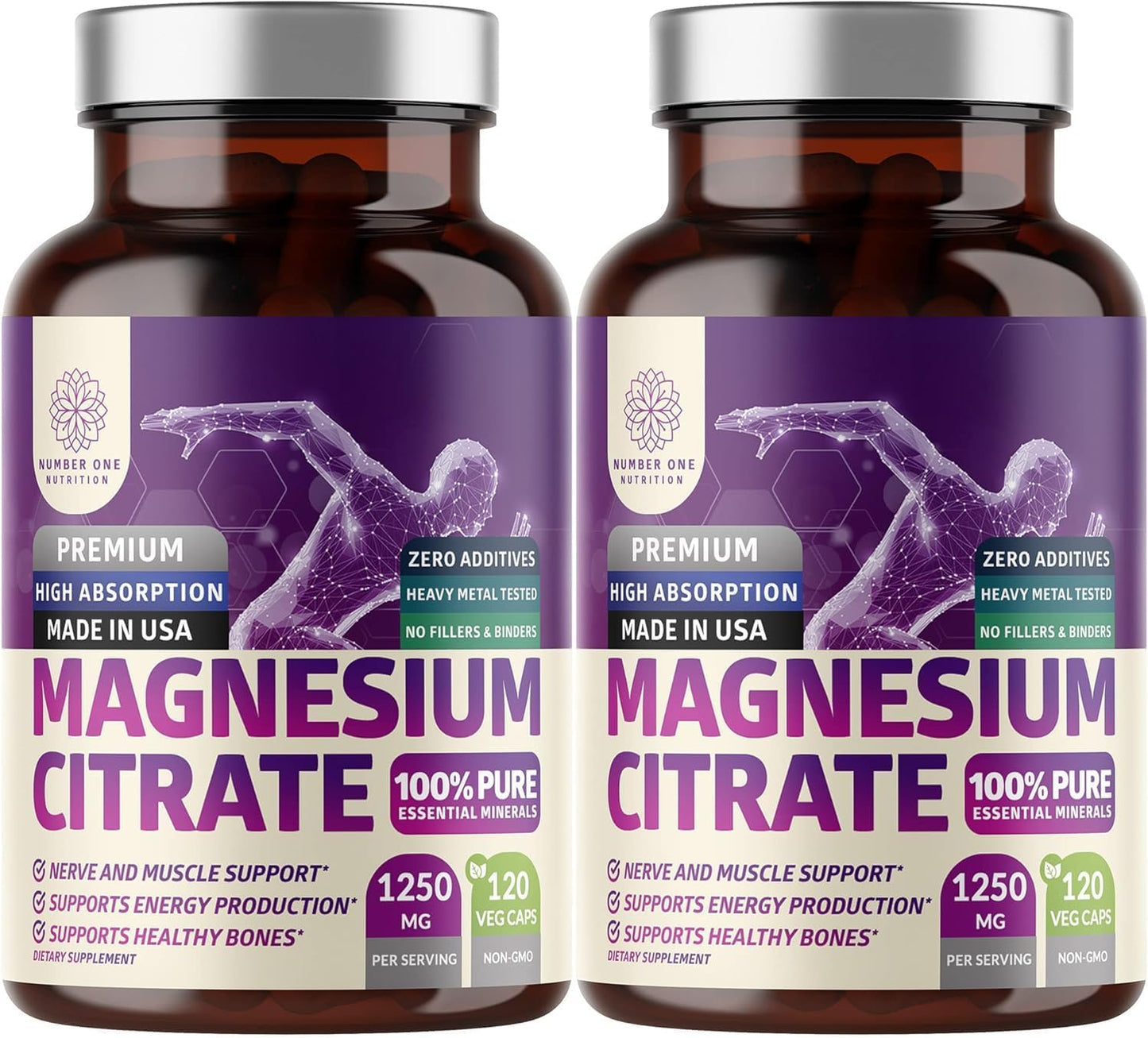 2-Pack Pure Magnesium Citrate Capsules 1250mg, Easily Absorbed and Purified Trace Mineral for Muscle and Digestive Support, 240 Caps