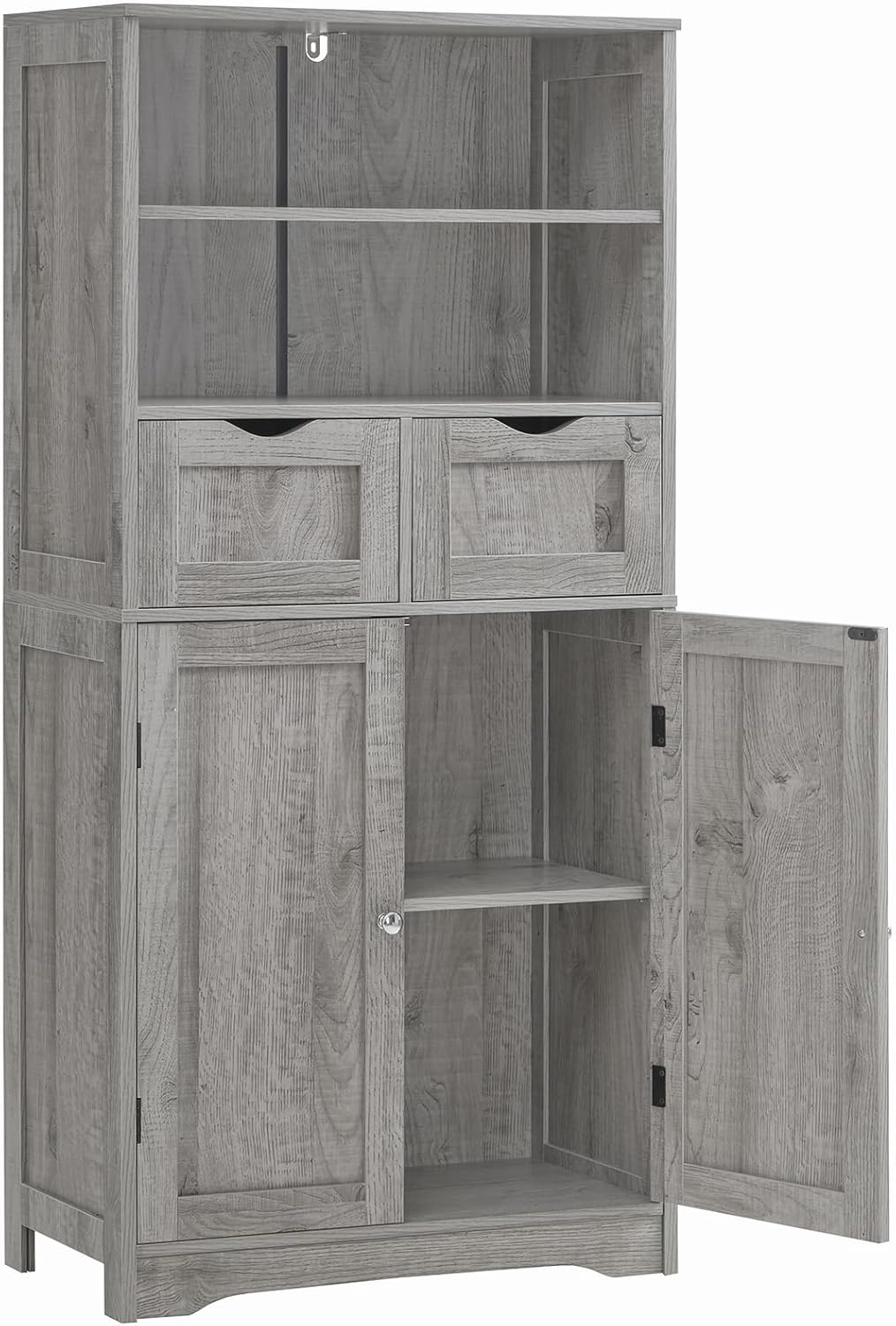Iwell Tall Storage Cabinet with 2 Drawers & Adjustable Shelf, Bathroom Cabinet with Doors, Cupboard, Kitchen Cabinets for Living Room, Dining Room, Entryway, Grey