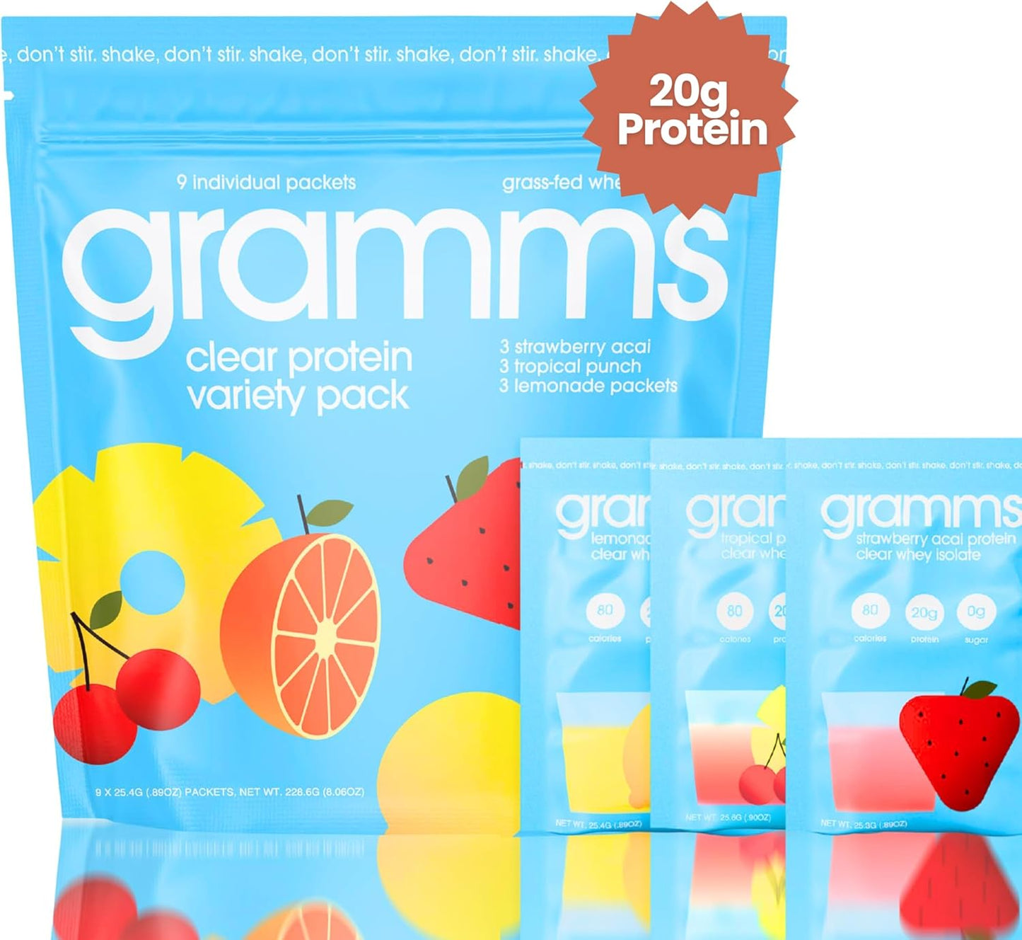 GRAMMS Clear Protein Powder 20g Protein Sample Packs Variety Flavor | for Women & Men Grass-Fed Whey Isolate, Zero Sugar, Zero Lactose, Non-Bloating, Non-GMO (9 Pack)
