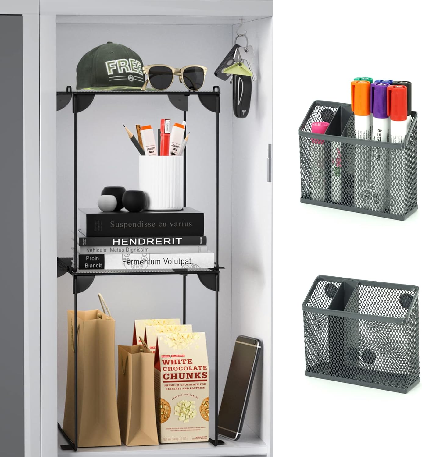 Neudeco Locker Accessories and Decor Kit, Including Mesh Shelf, Organizer, Magnetic Basket and Pen Holder, Suitable for School, Work, Kitchen, Bathroom, (Pack of 4, Grey)