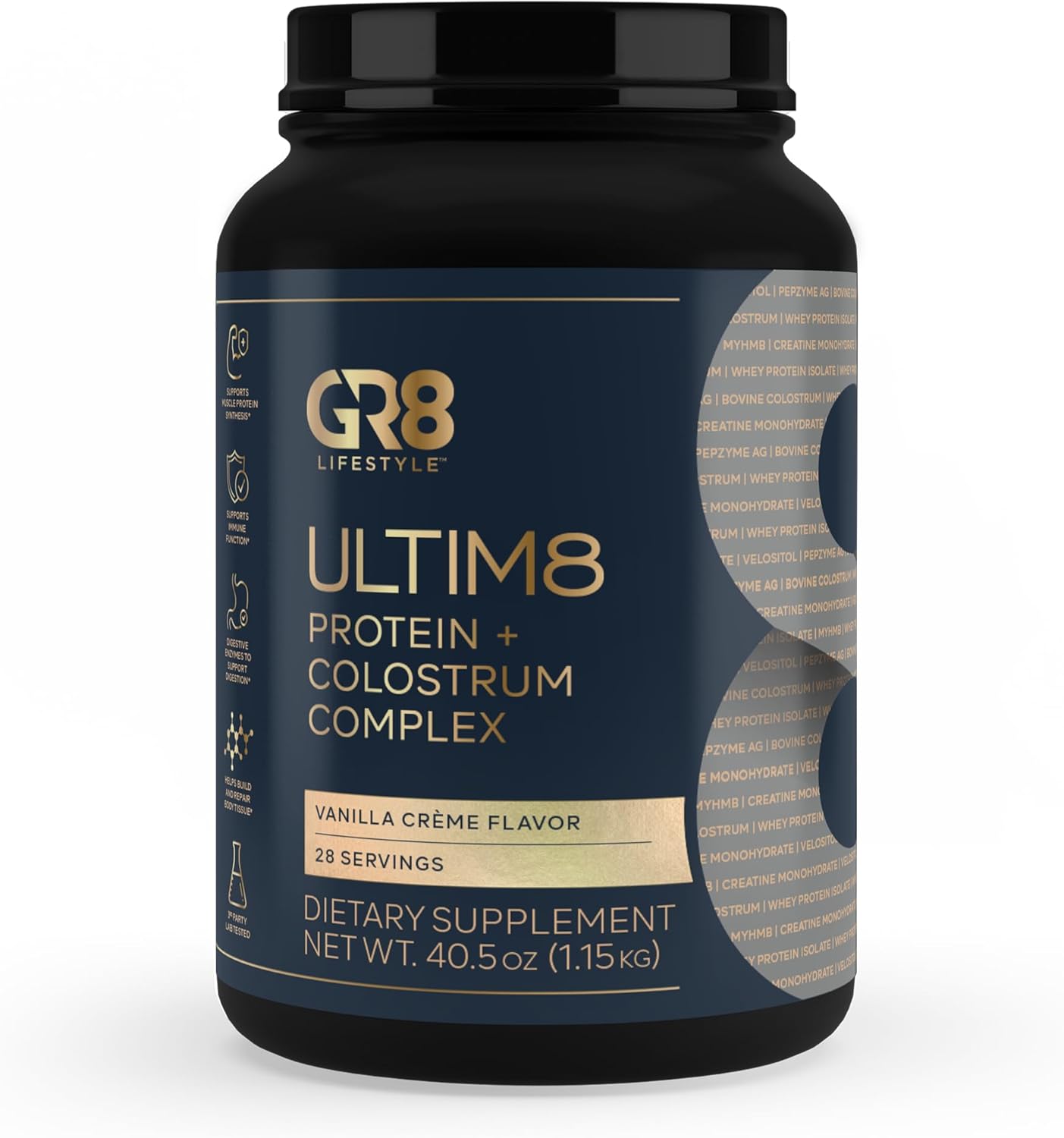 ULTIM8 Protein + Colostrum Complex | 25g Protein with Colostrum & MyHMB for Muscle Growth & Recovery | Whey Isolate, Casein & Concentrate Blend | Creatine-Enhanced Strength Formula (Vanilla Creme)