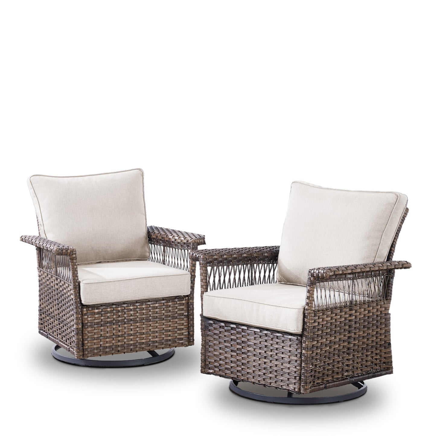 Rilyson Set of 2 Wicker Brown Stainless steel Frame Swivel glider Conversation Chair with Beige Cushioned Seat