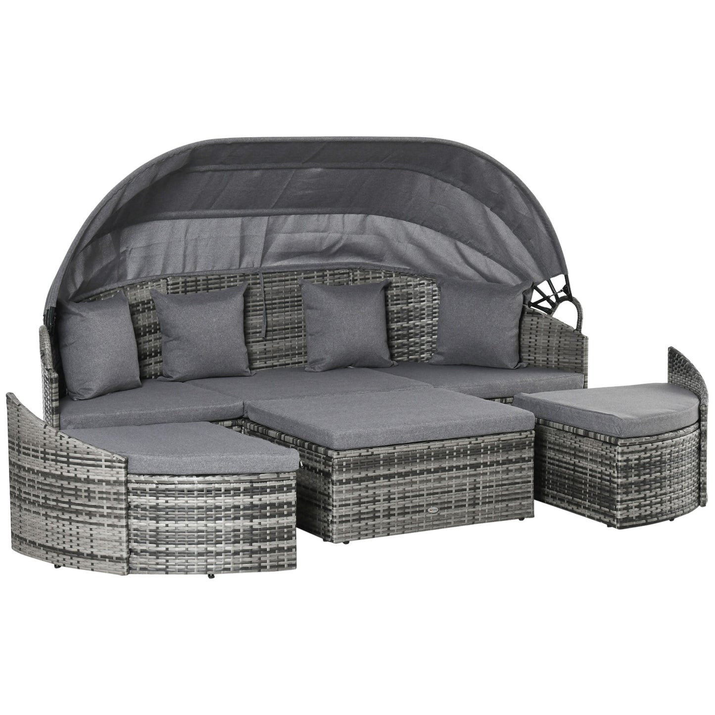 Outsunny 4-Piece Outdoor Rattan Furniture Set Round Convertible Patio Daybed or Sunbed Sectional Sofa with Canopy Pillows Cushions Footrest Table PE Plastic Wicker Grey