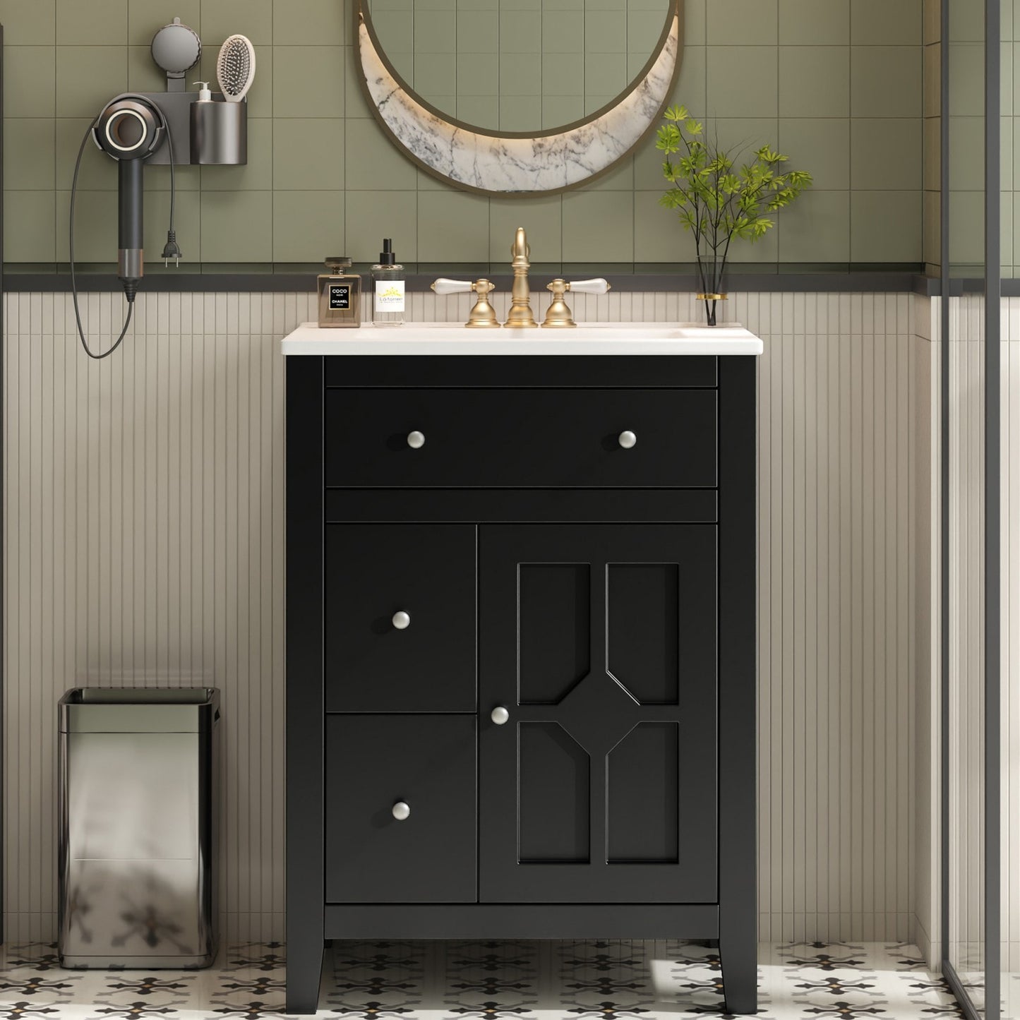 Dexmalle 24-in Black Freestanding Single Sink Bathroom Vanity with White Ceramic Top