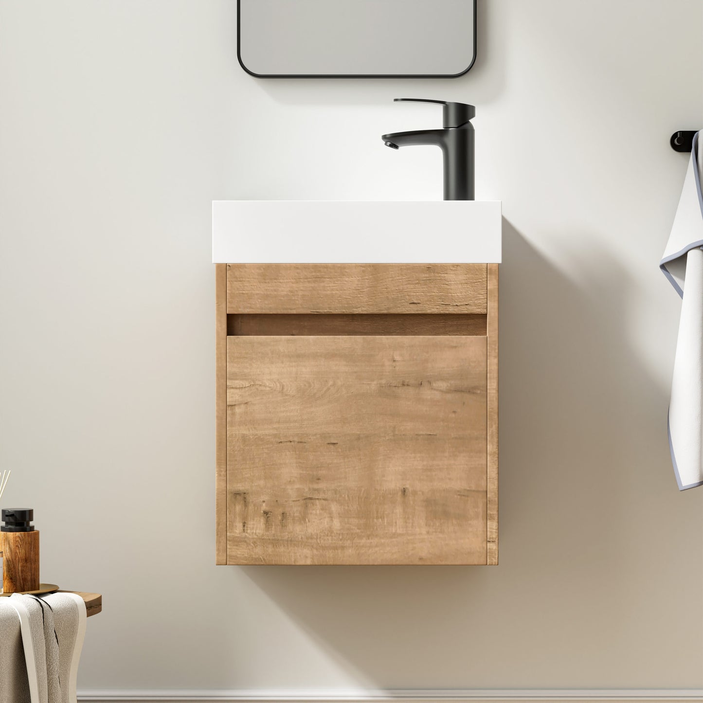 Forclover Floating Soft-Closing 18-in Imitative Oak Single Sink Floating Bathroom Vanity with White Cultured Marble Top